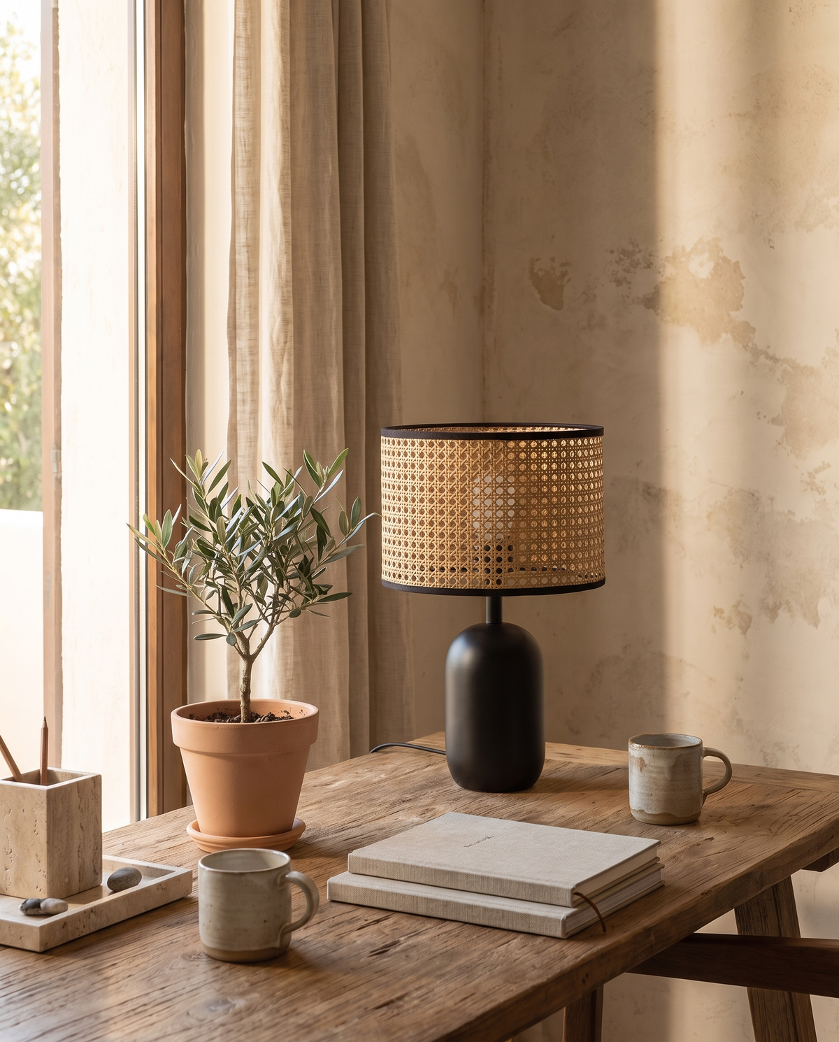 Lampe de bureau en rotin en situation dans un intérieur