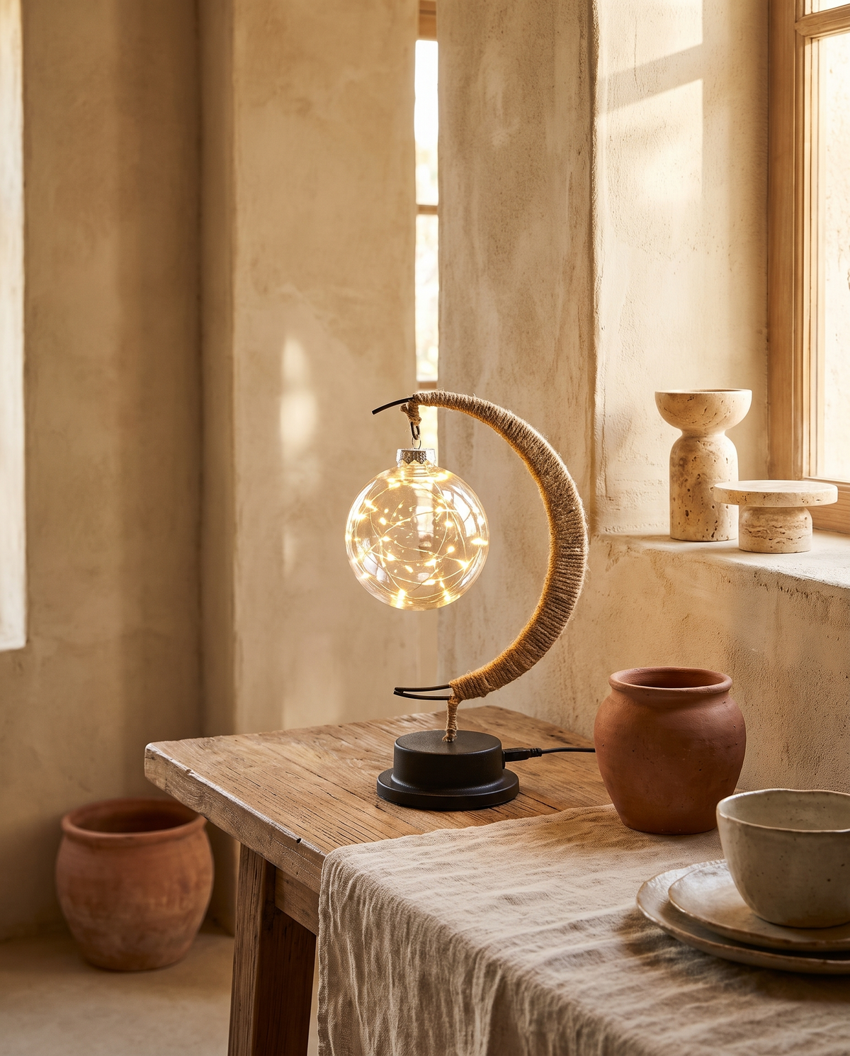 Lampe lune en corde de chanvre en situation dans un intérieur