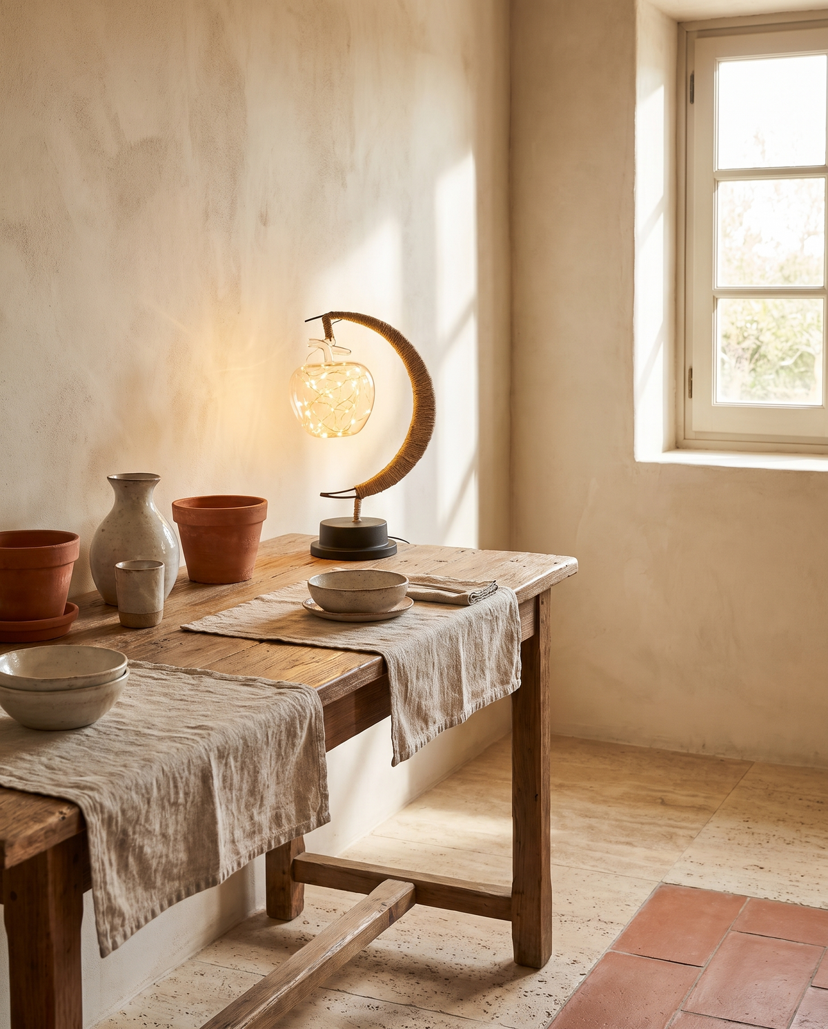 Lampe lune en corde de chanvre avec ampoule globe en situation dans un intérieur