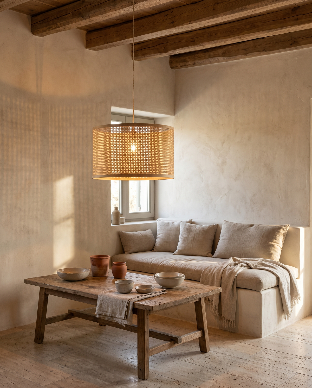 Abat-jour en rotin pour lampe de chevet en situation dans un intérieur