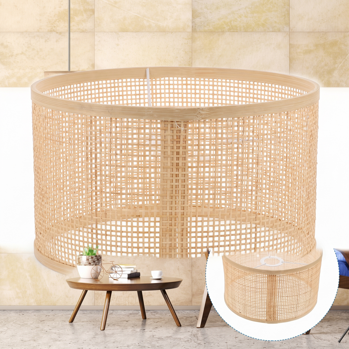 Abat-jour en rotin pour lampe de chevet sur fond blanc