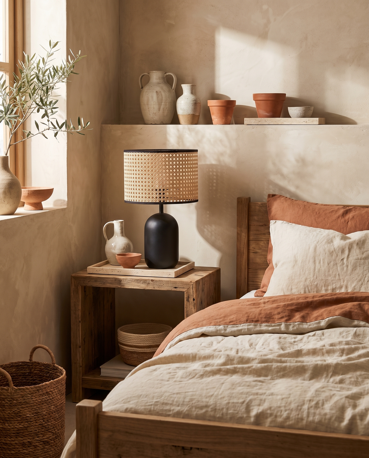 Lampe de chevet rétro en rotin en situation dans un intérieur
