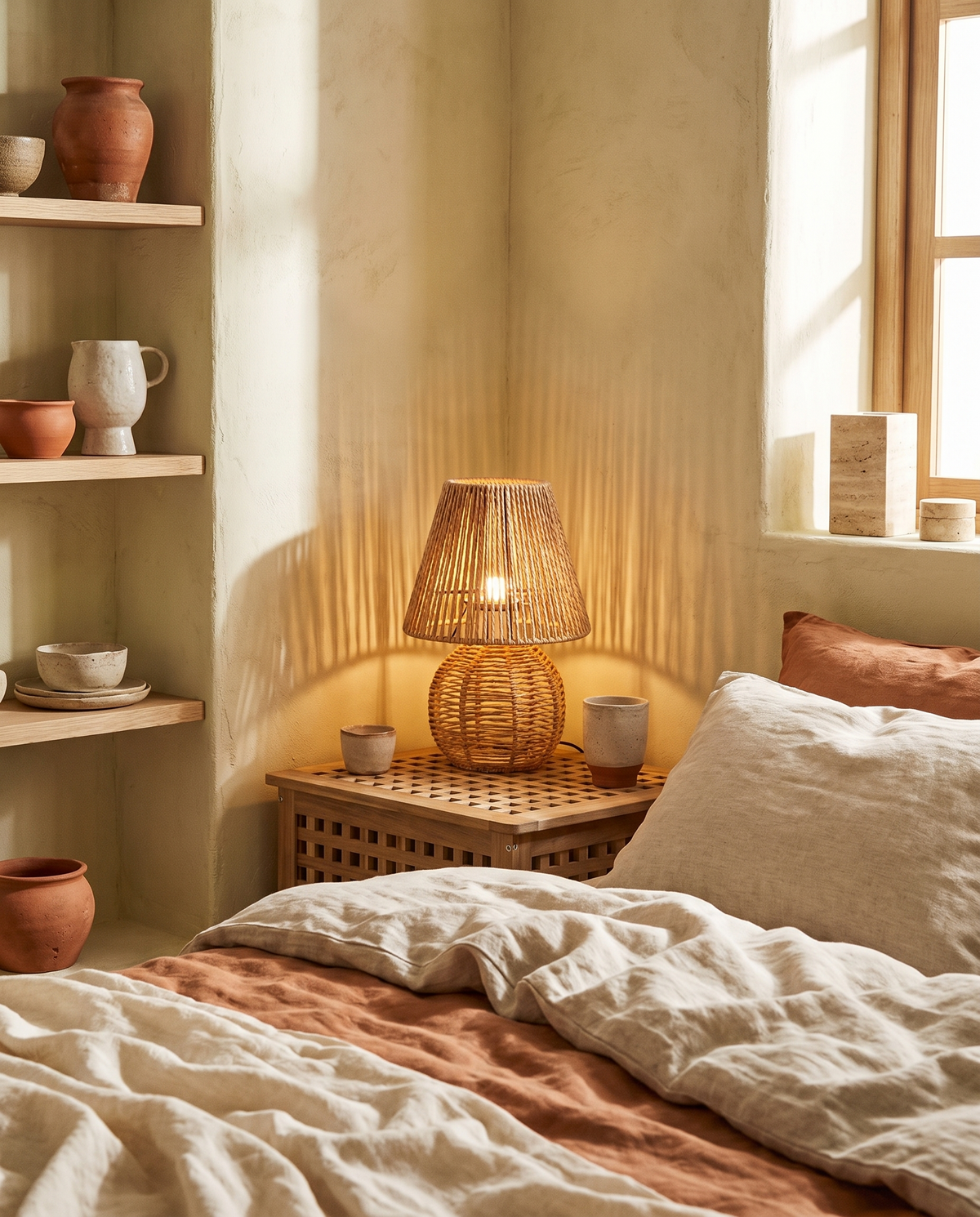 Lampe pagode en corde de papier tressée en situation dans un intérieur