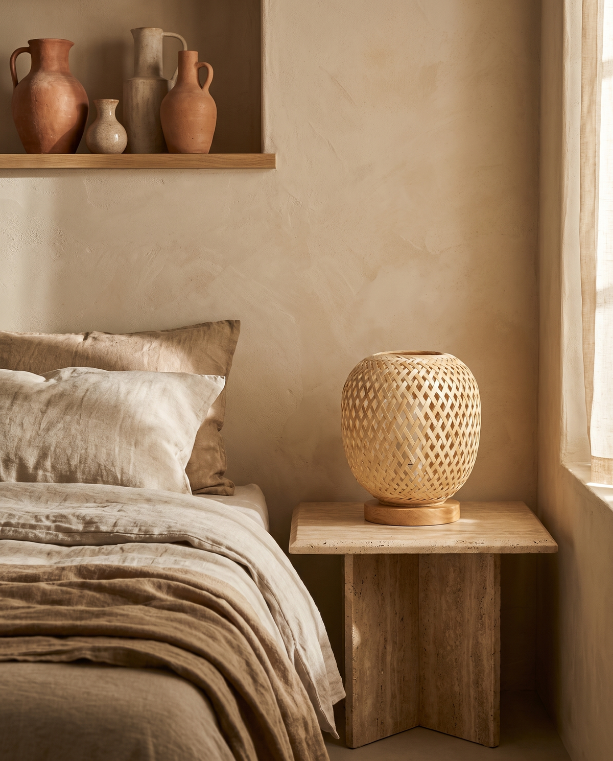 Lampe ovoïde en bambou tressé en situation dans un intérieur