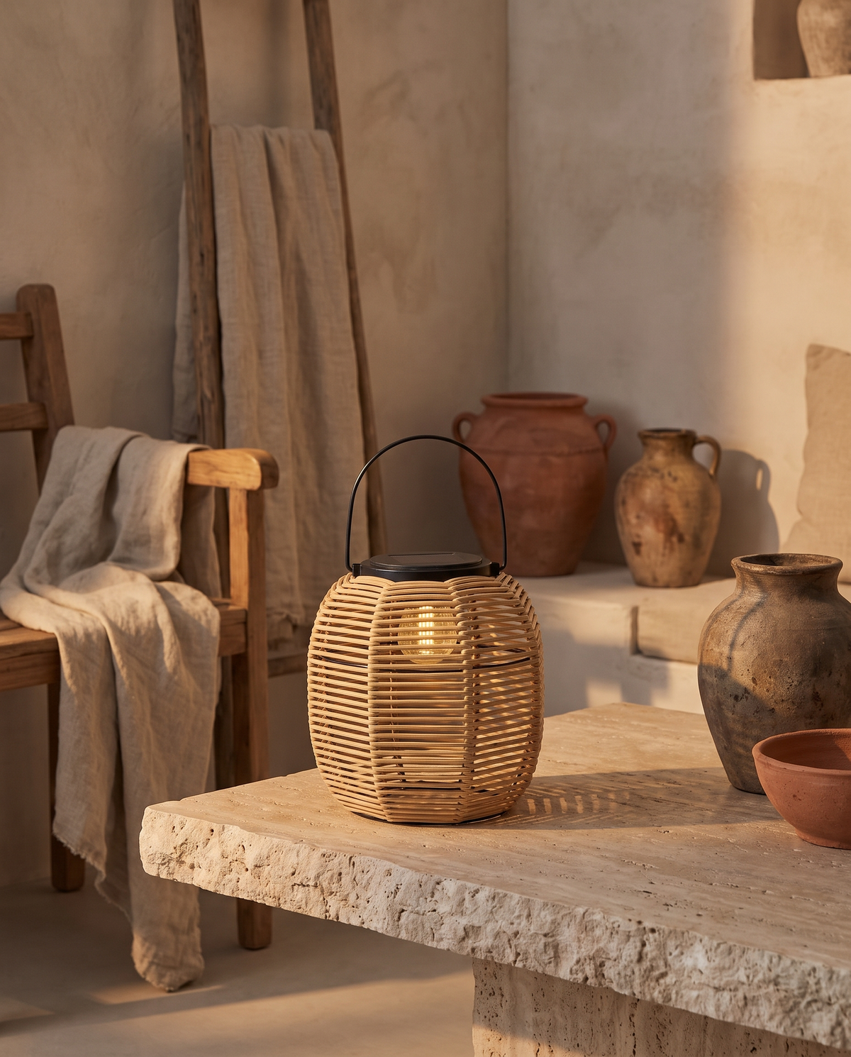 Lanterne solaire en rotin et fer en situation dans un intérieur