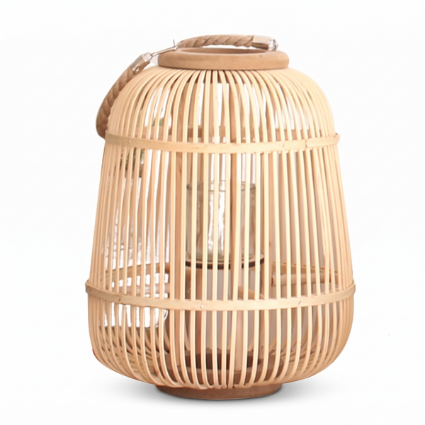 Lanterne carrée en bambou et rotin, anse en arc, 37 cm