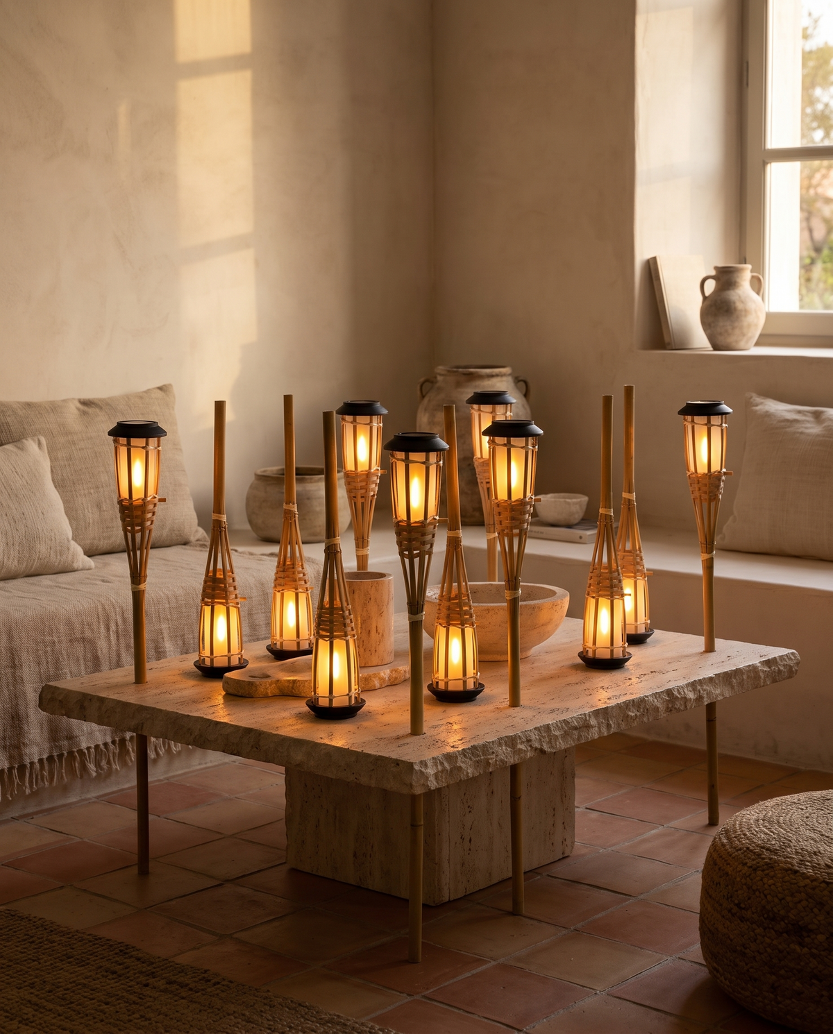 Lot de 12 lampes solaires aspect rotin en situation dans un intérieur