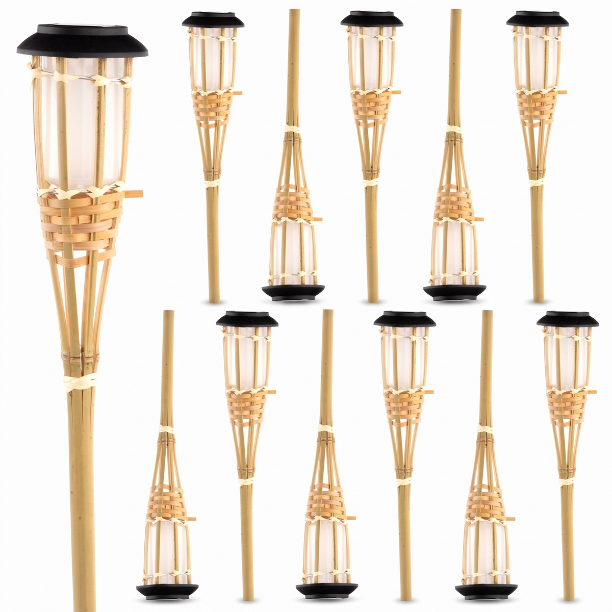 Lot de 12 lampes solaires aspect rotin sur fond blanc