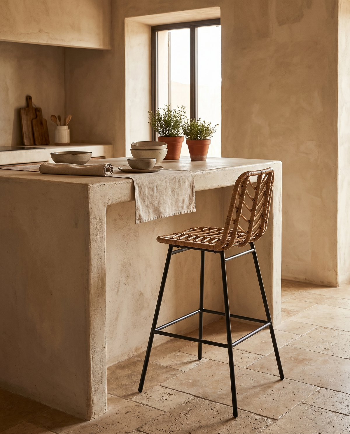 Chaise de bar en rotin et métal noir en situation dans un intérieur