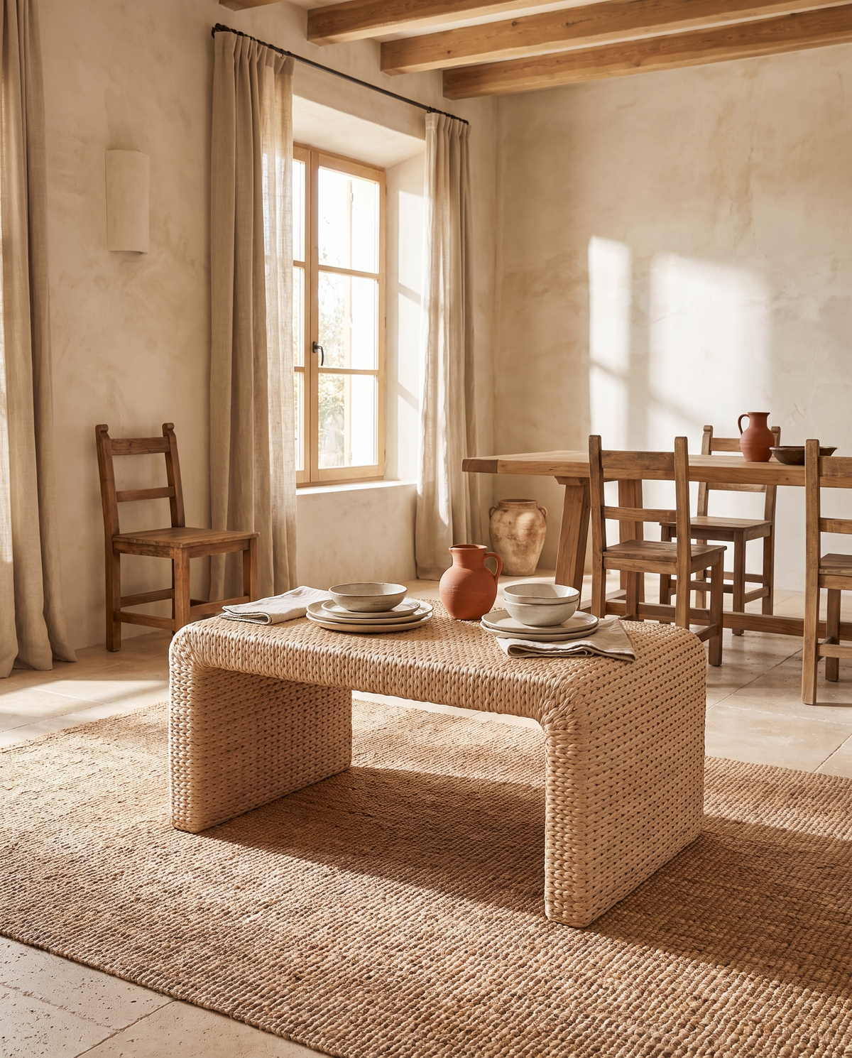 Table basse en osier en situation dans un intérieur