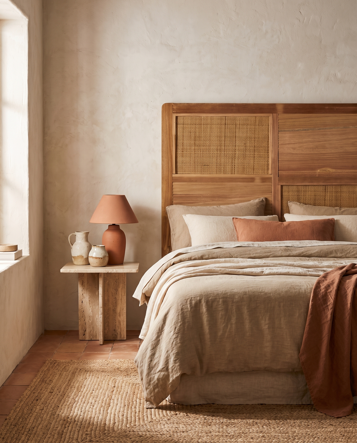 Tête de lit en bois massif et cannage rotin en situation dans un intérieur