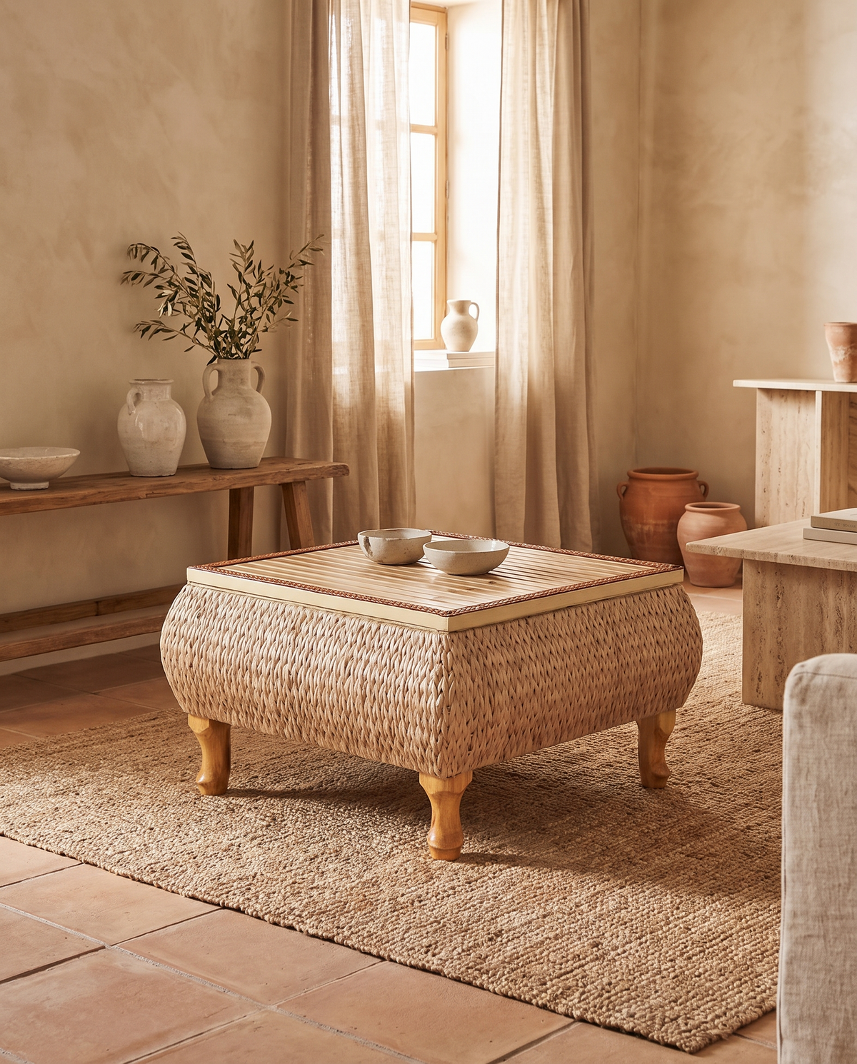 Table basse carrée en osier avec coffre en situation dans un intérieur
