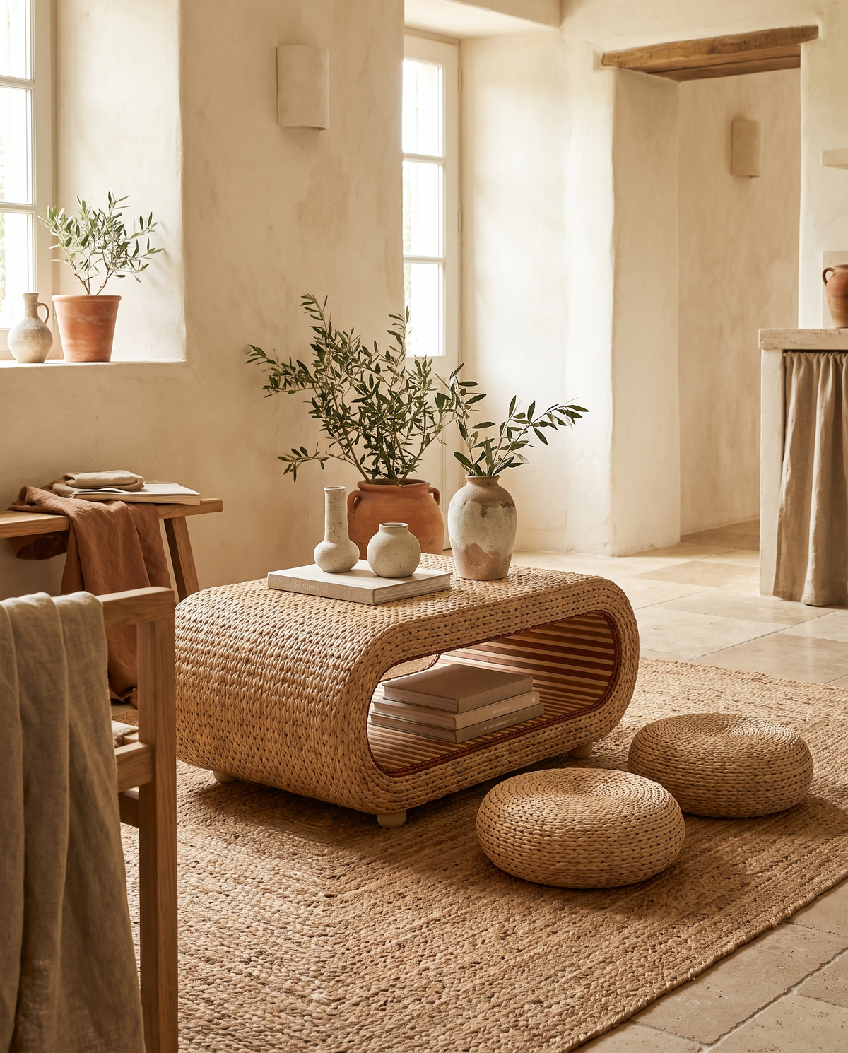 Table basse en rotin en situation dans un intérieur