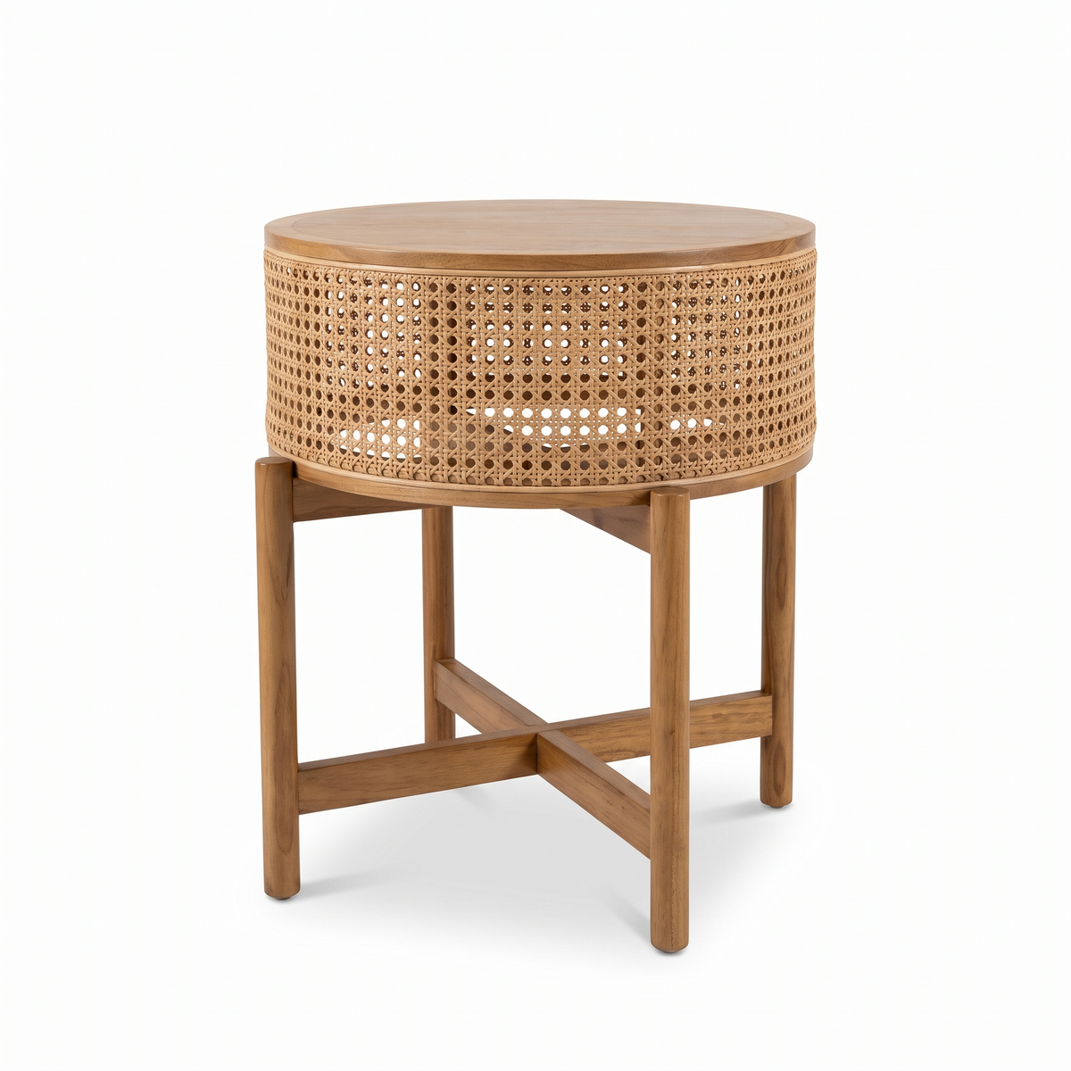 Table de chevet ronde en rotin sur fond blanc