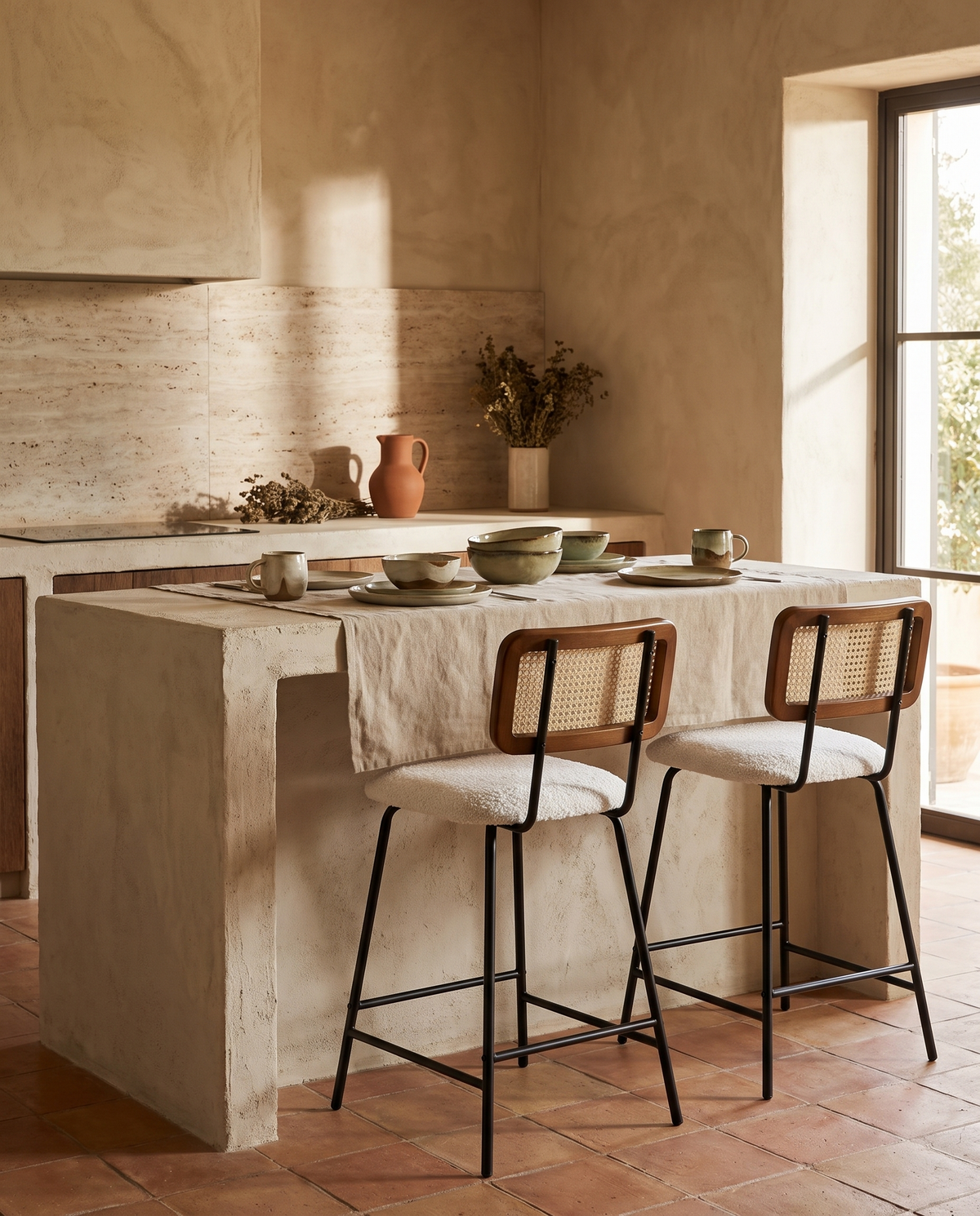 Lot de 2 tabourets de bar imitation rotin en situation dans un intérieur