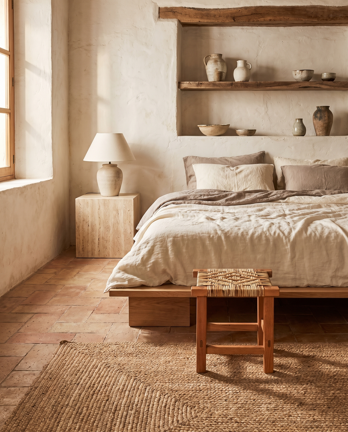 Tabouret carré en osier et bois en situation dans un intérieur