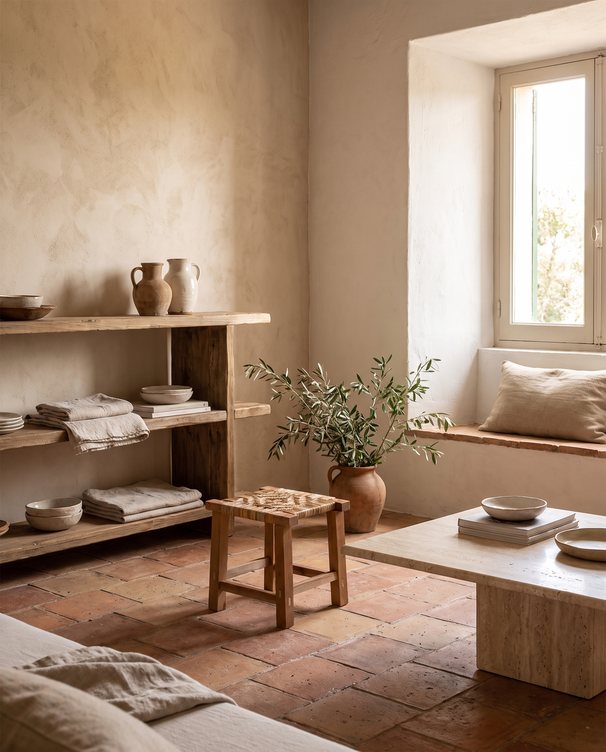Petit tabouret en rotin tressé en situation dans un intérieur