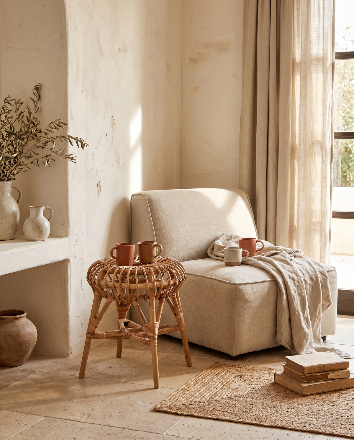 Tabouret rond en osier en situation dans un intérieur