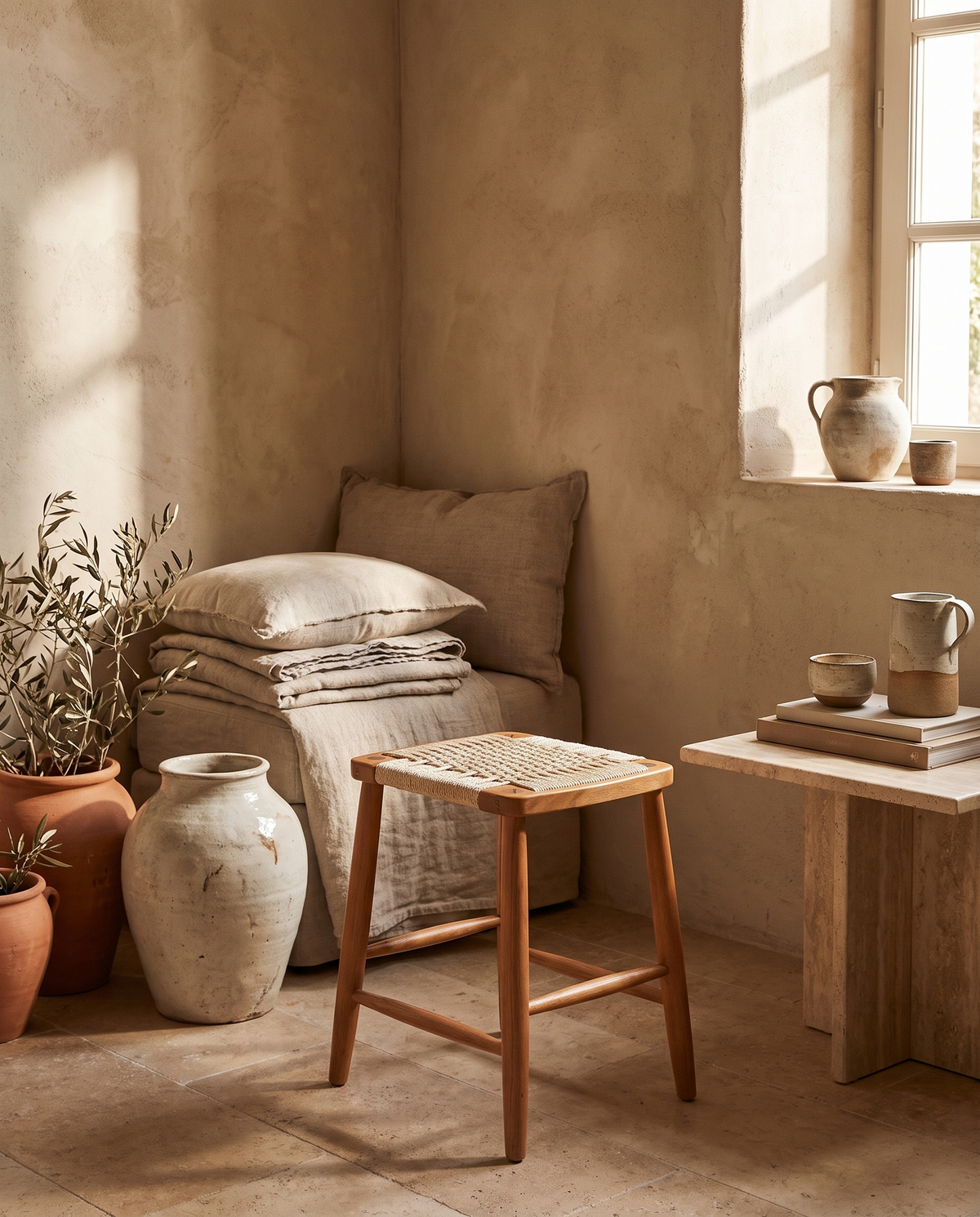 Tabouret bas en rotin tissé en situation dans un intérieur