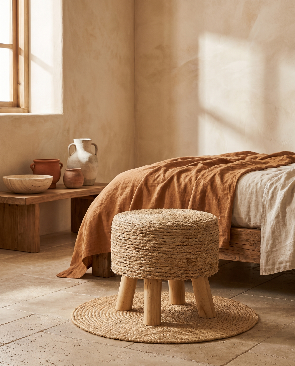 Tabouret rond en rotin sur trépied en situation dans un intérieur