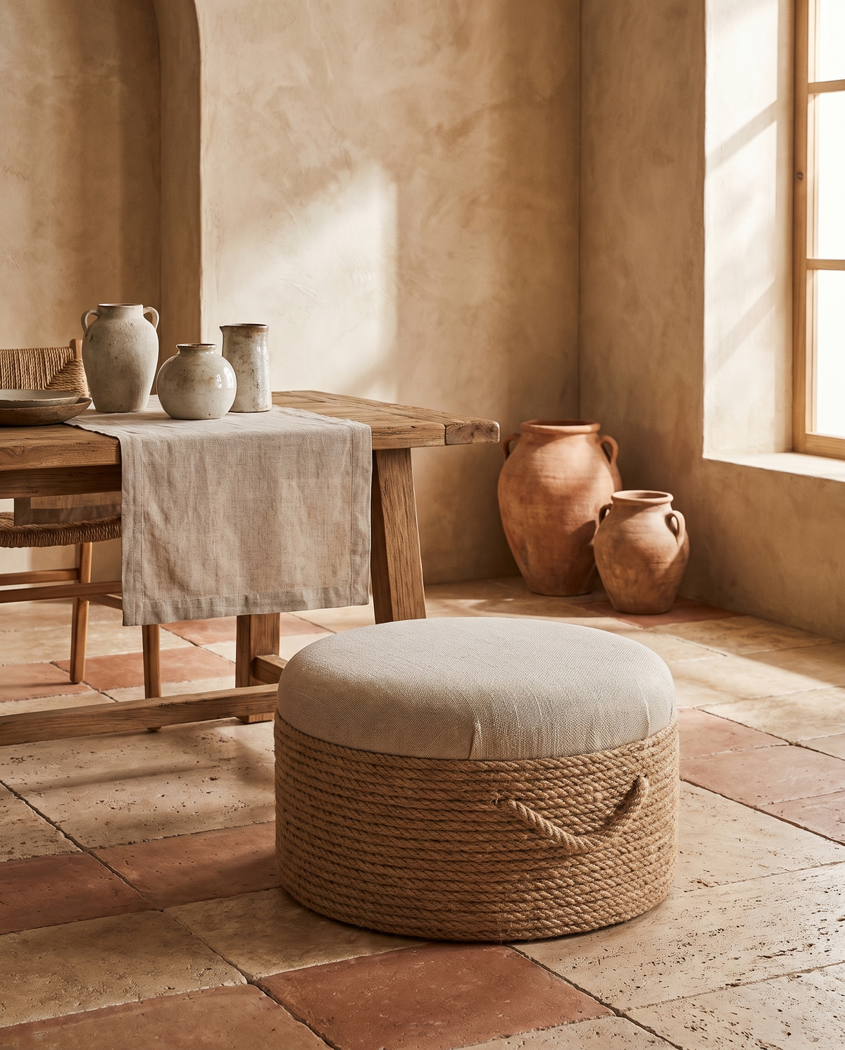 Pouf en cordes tressées en situation dans un intérieur