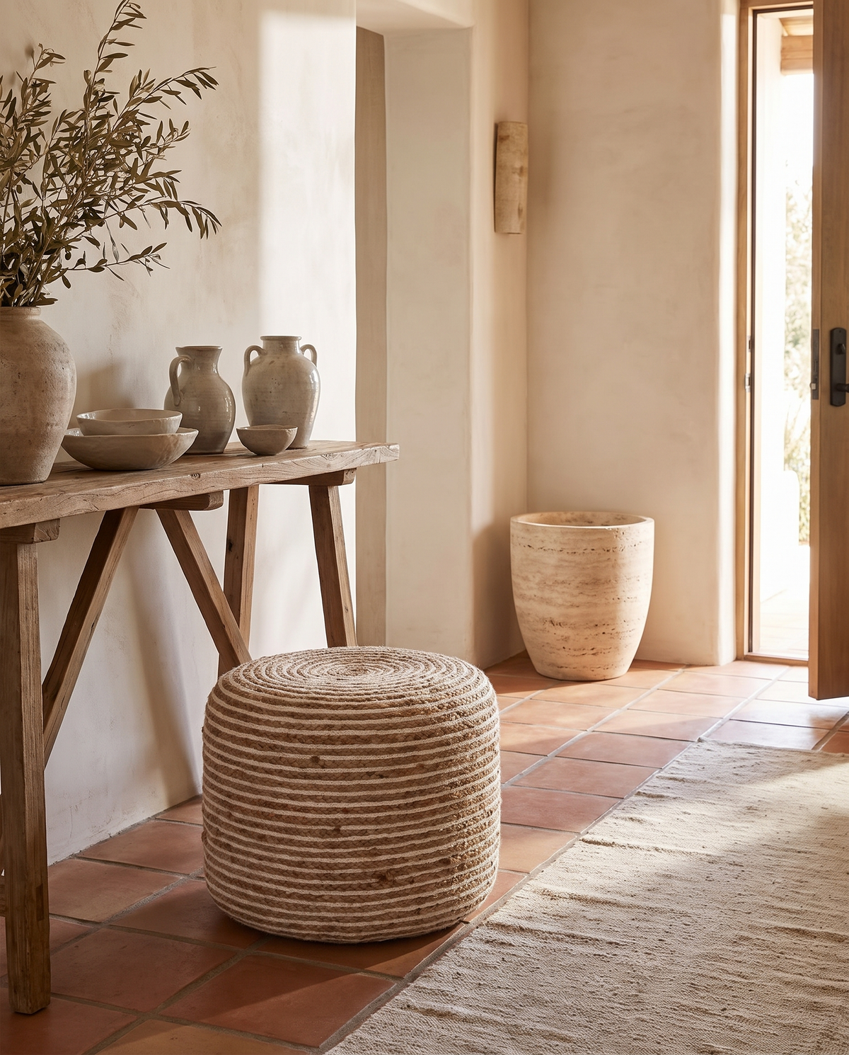 Pouf en rotin façon macramé en situation dans un intérieur