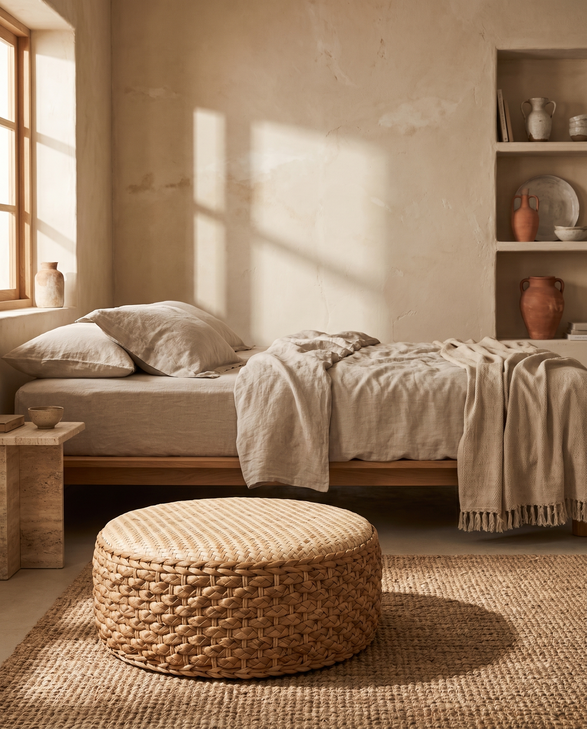 Pouf rond bas en rotin en situation dans un intérieur