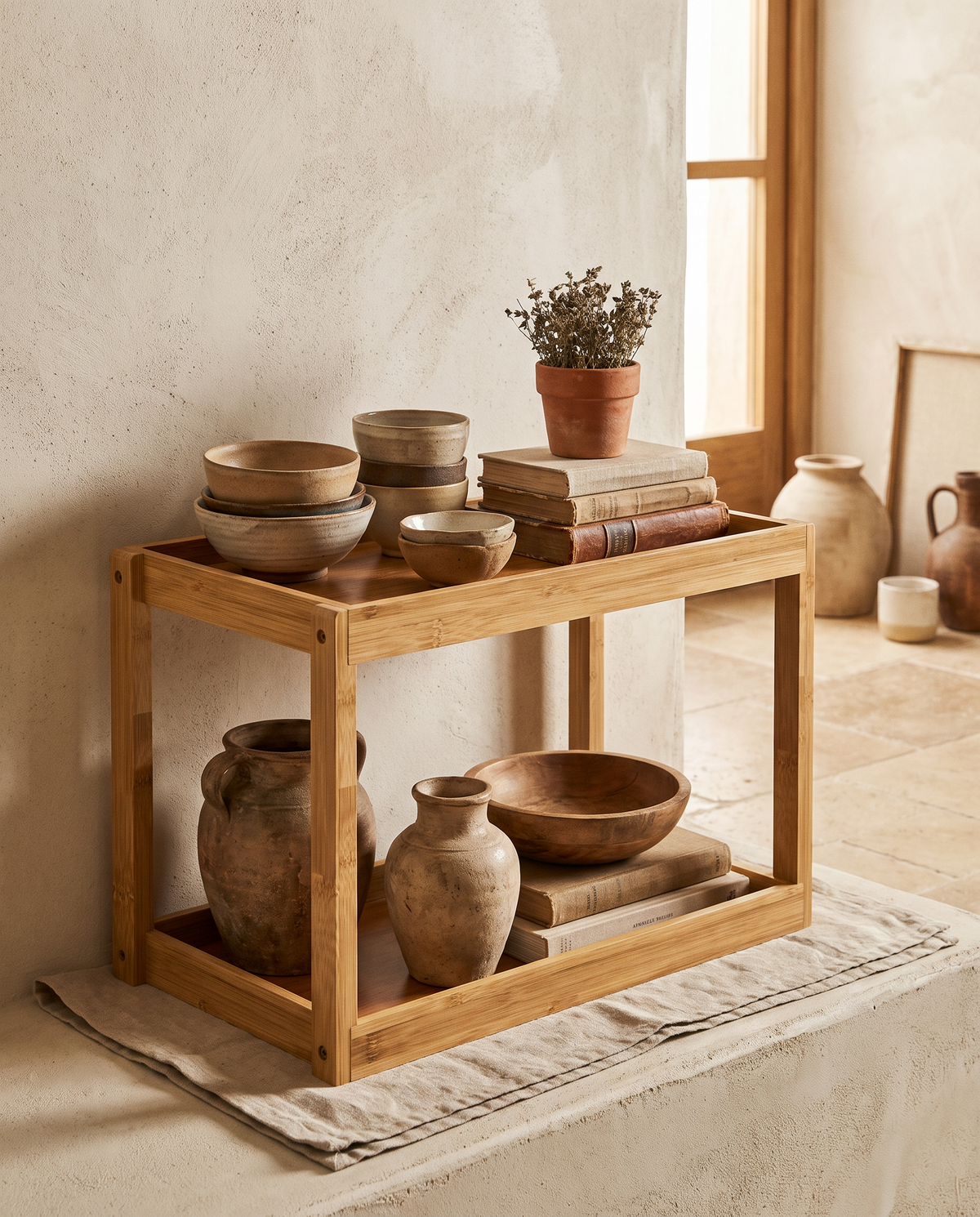 Petite étagère en bambou et bois en situation dans un intérieur
