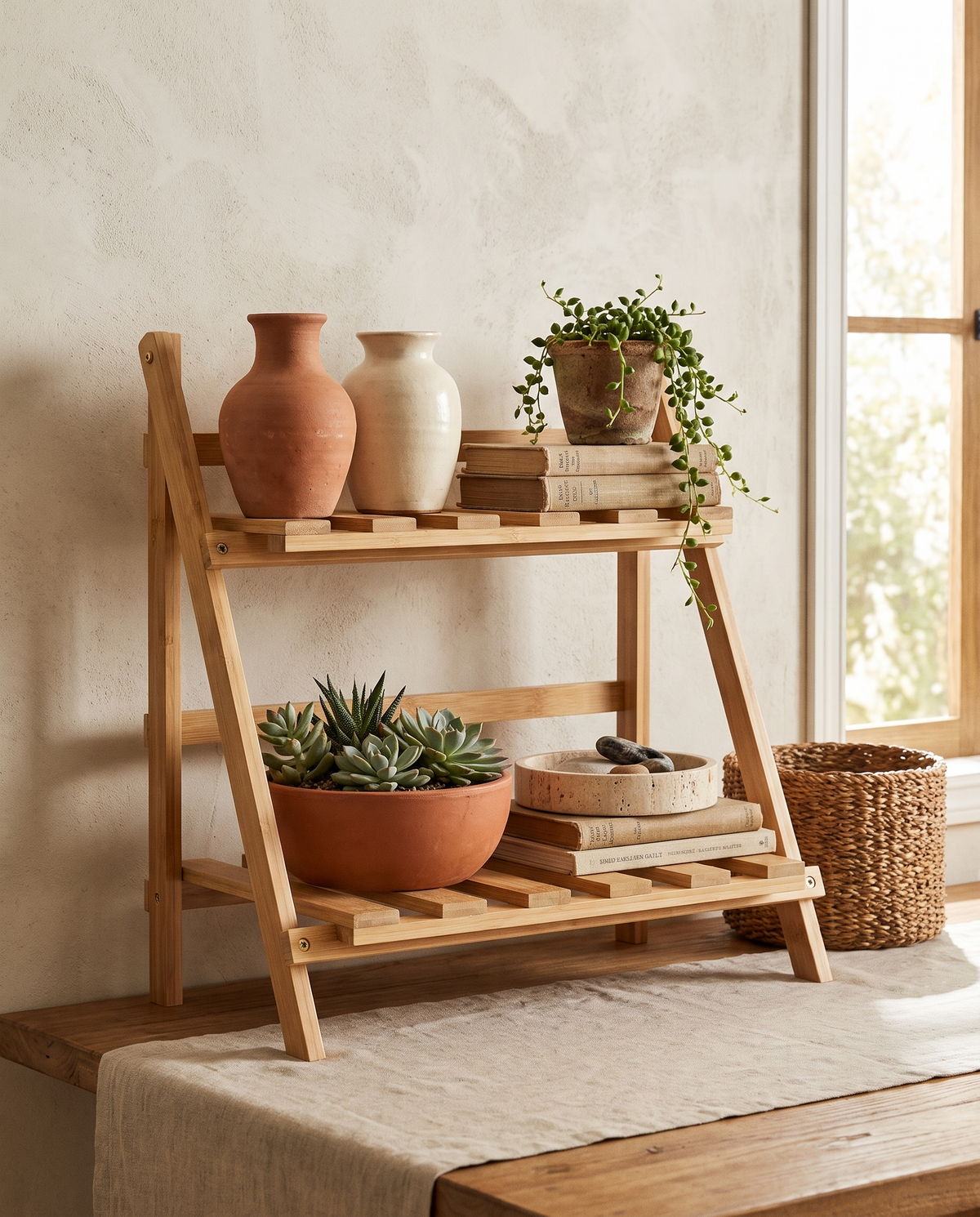 Étagère pliable en bambou et bois en situation dans un intérieur