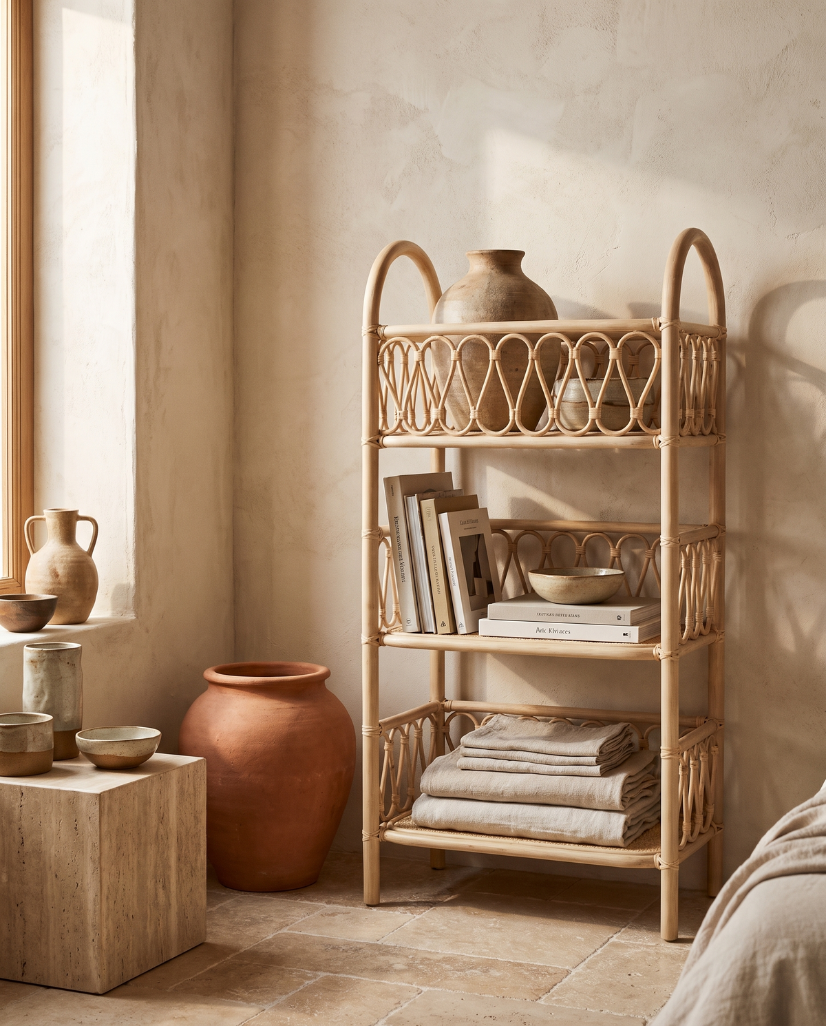 Étagère en rotin et bois en situation dans un intérieur