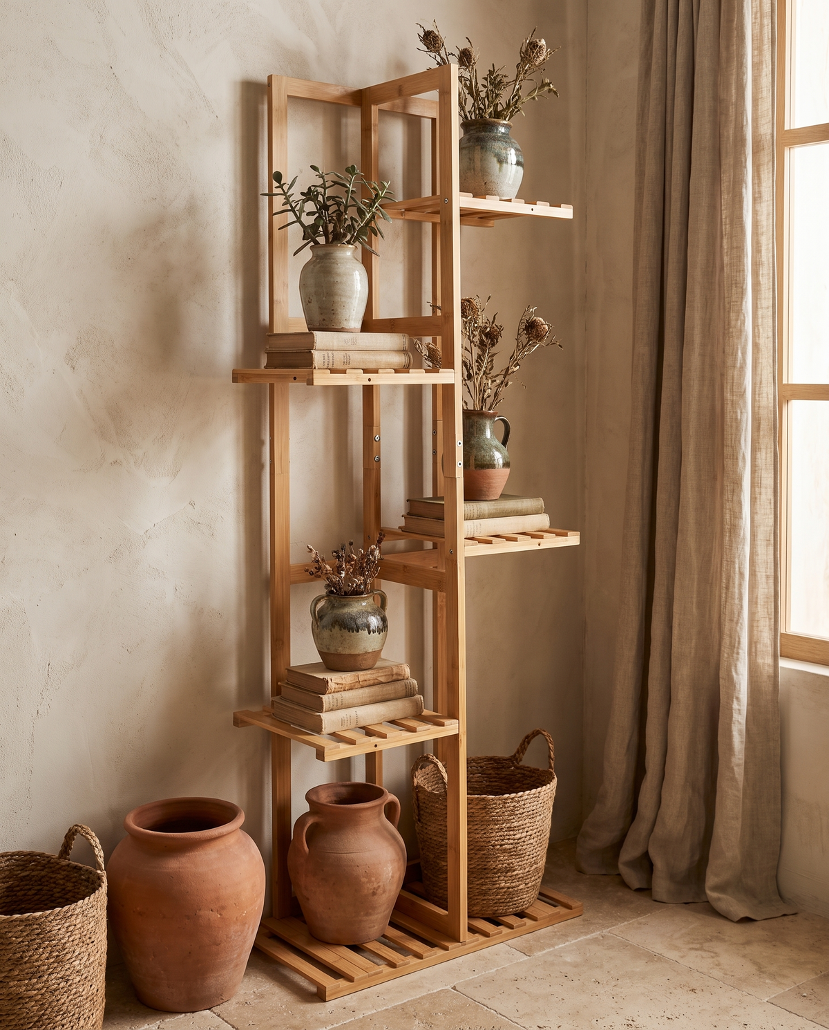 Support à plantes en bambou en situation dans un intérieur