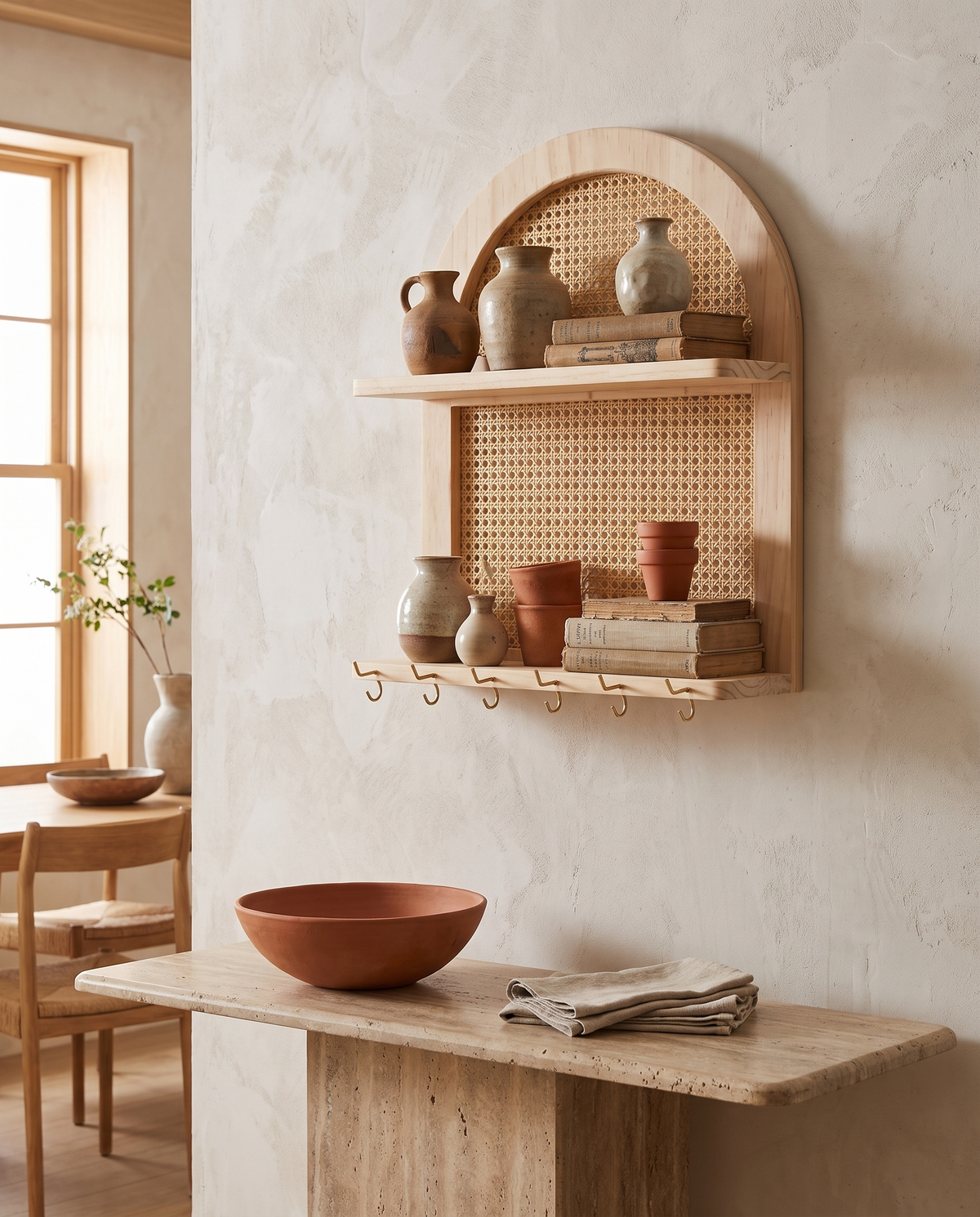 Étagère murale en rotin avec crochets en situation dans un intérieur