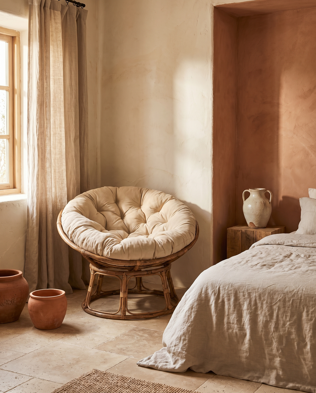 Coussin rond rembourré pour fauteuil en rotin en situation dans un intérieur