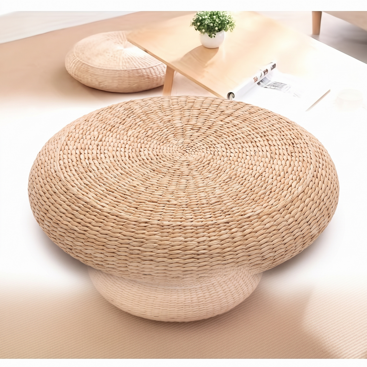 Coussin de sol rond en fibre tressée sur fond blanc