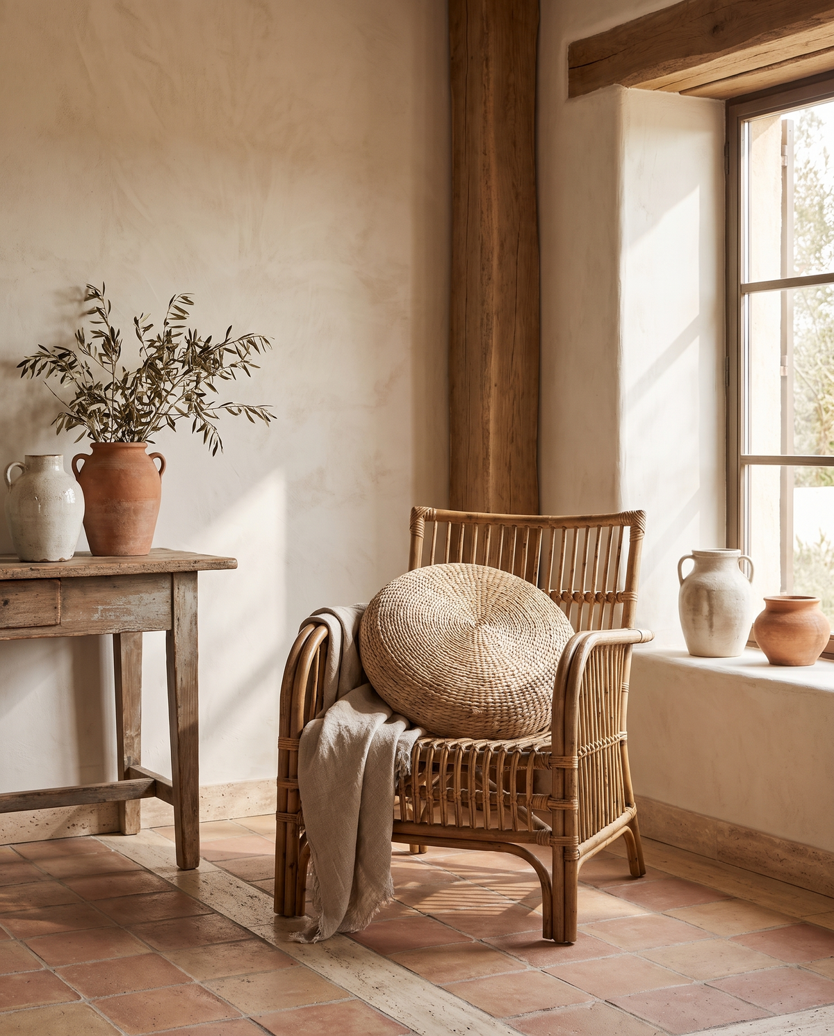 Coussin de sol rond en fibre tressée en situation dans un intérieur