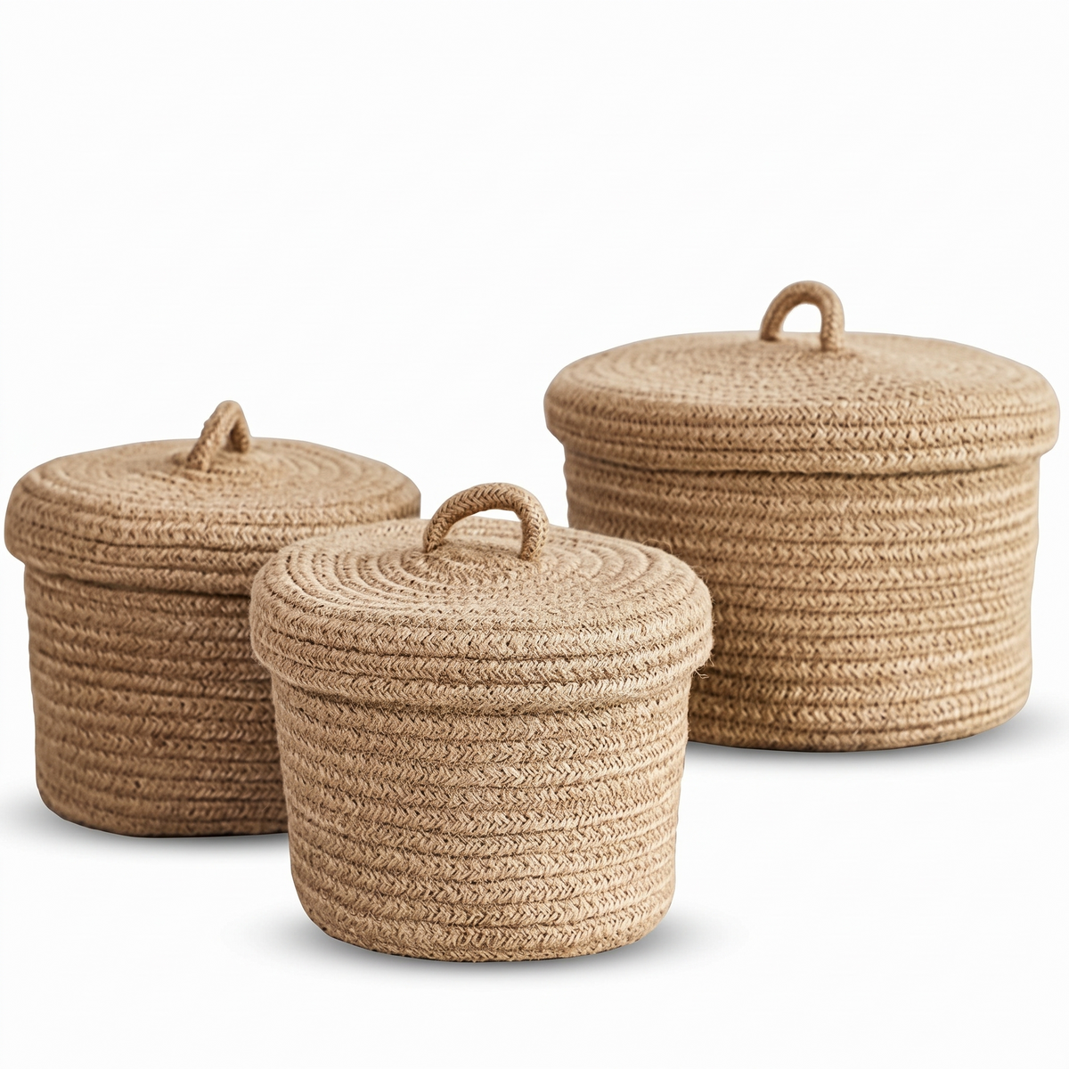 Boîte ronde en fibre végétale tressée sur fond blanc