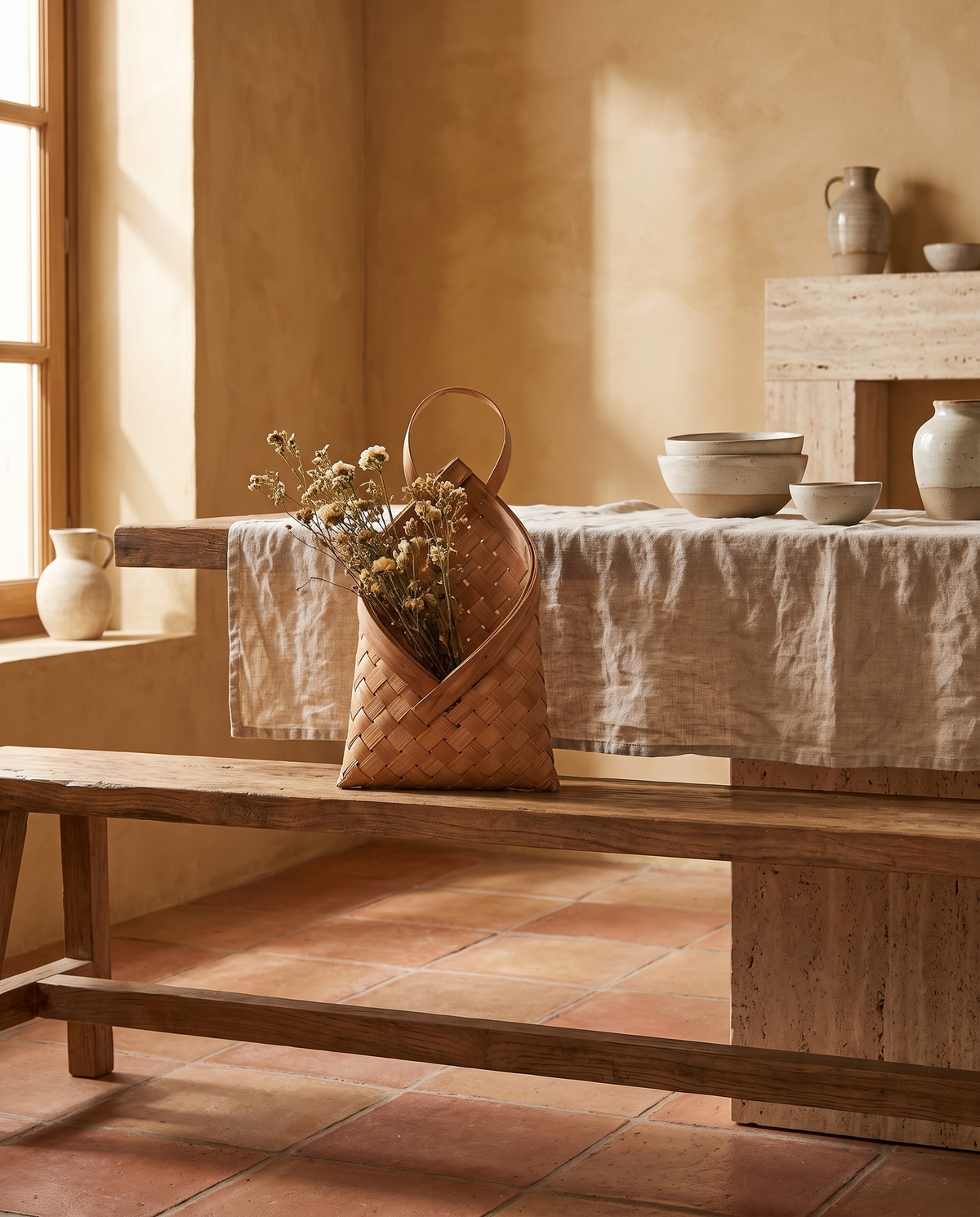 Panier à fleurs en bambou avec anse en situation dans un intérieur