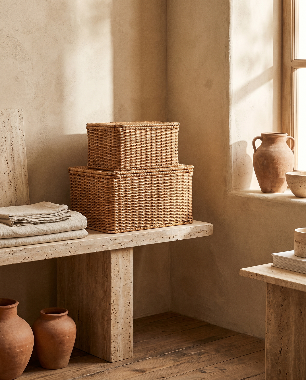 Panier de rangement en rotin marron en situation dans un intérieur