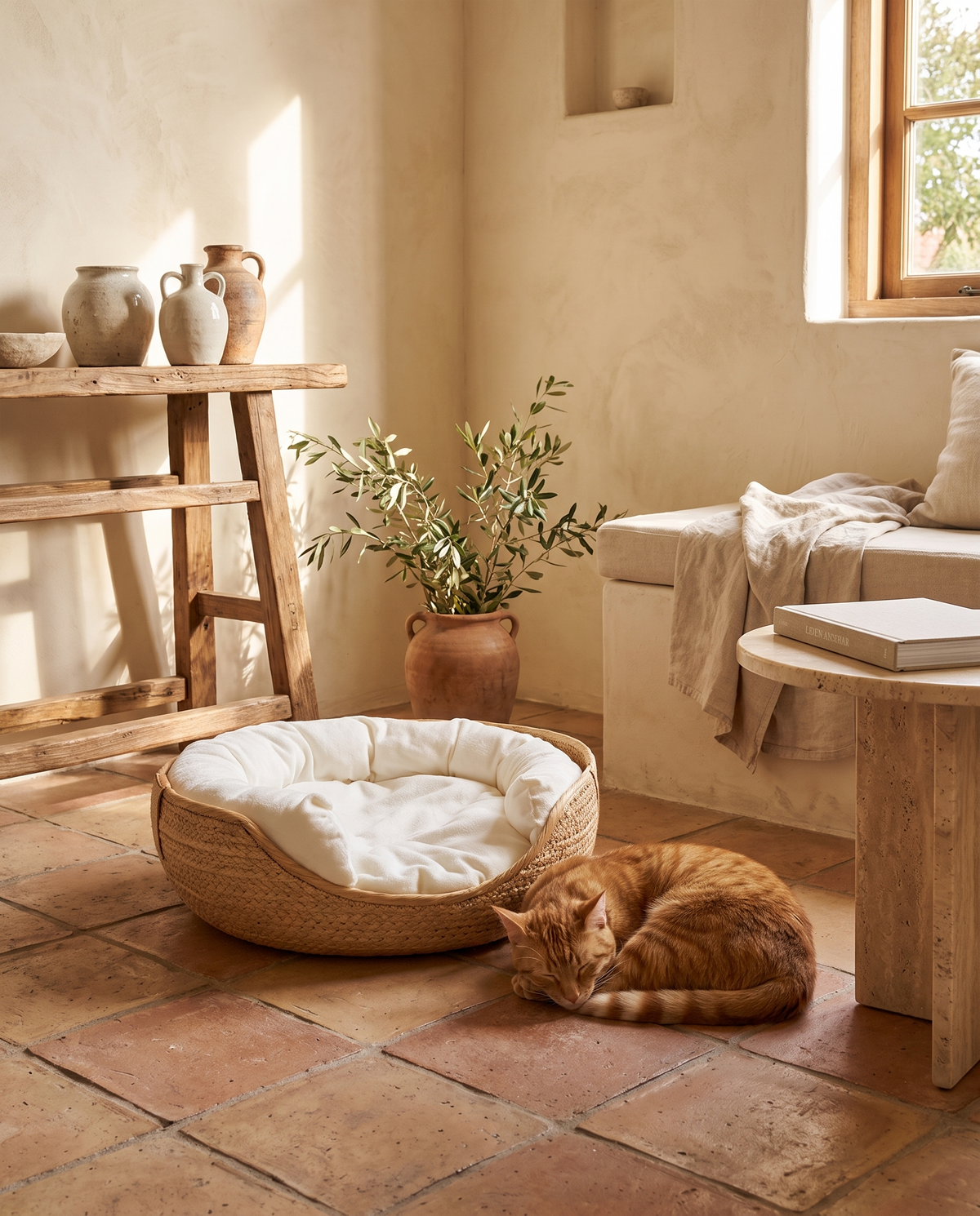 Panier rond pour chien ou chat en rotin en situation dans un intérieur