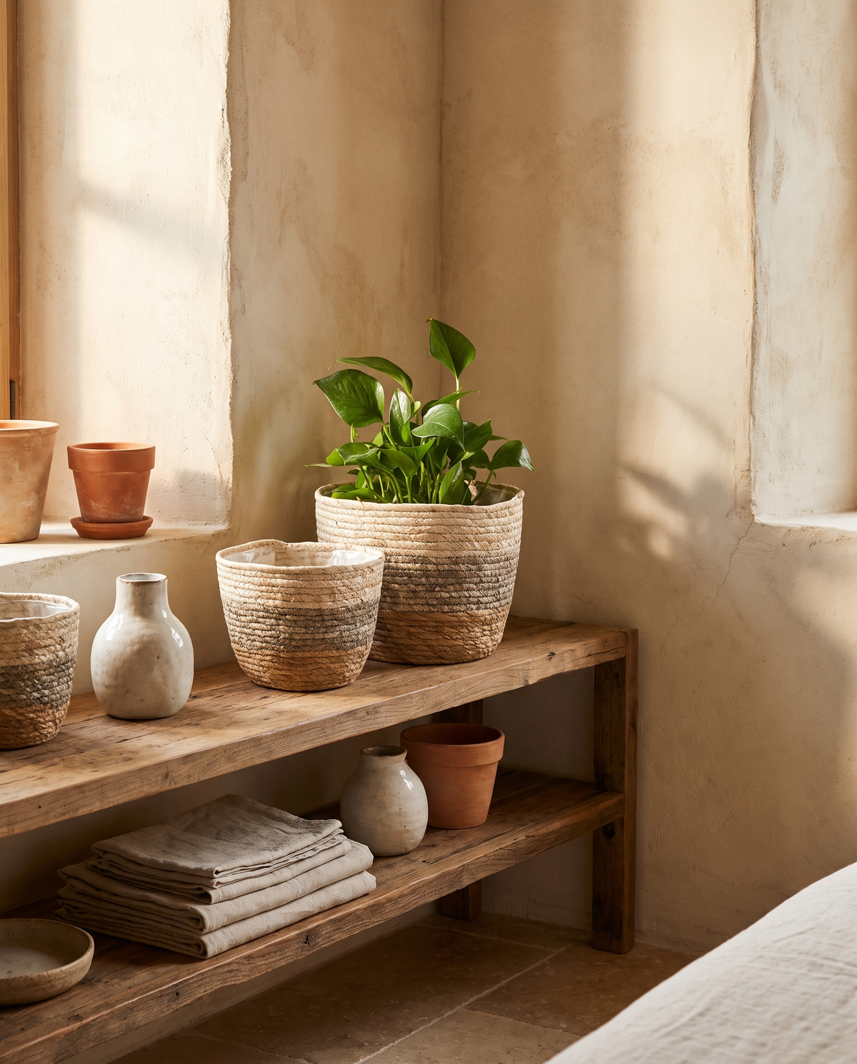 Petit panier de rangement en rotin en situation dans un intérieur