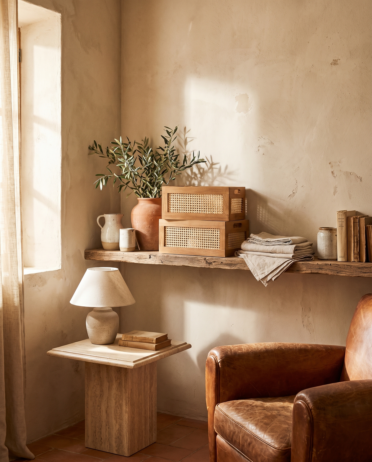 Panier de rangement en bois massif et bambou en situation dans un intérieur