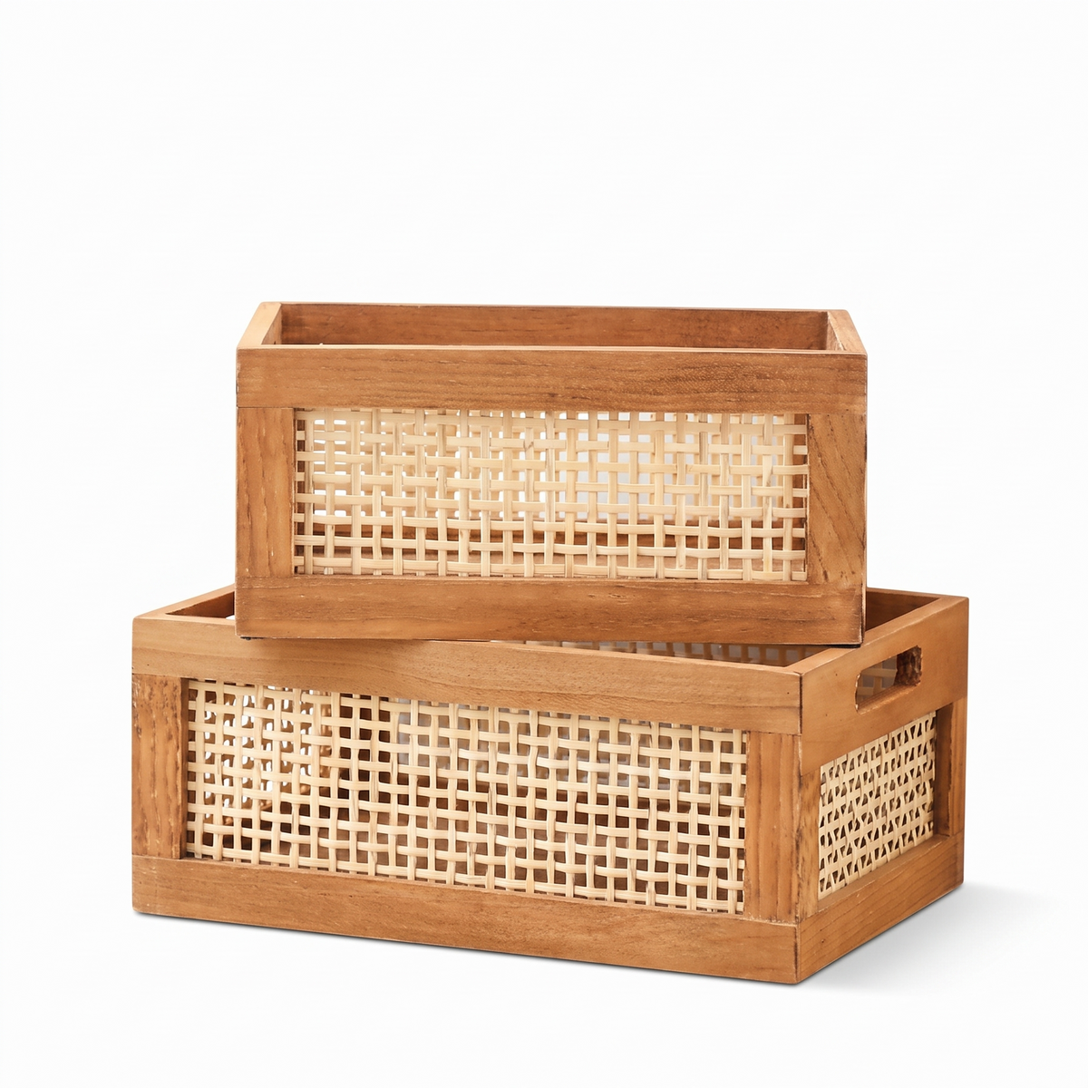 Panier de rangement en bois massif et bambou sur fond blanc