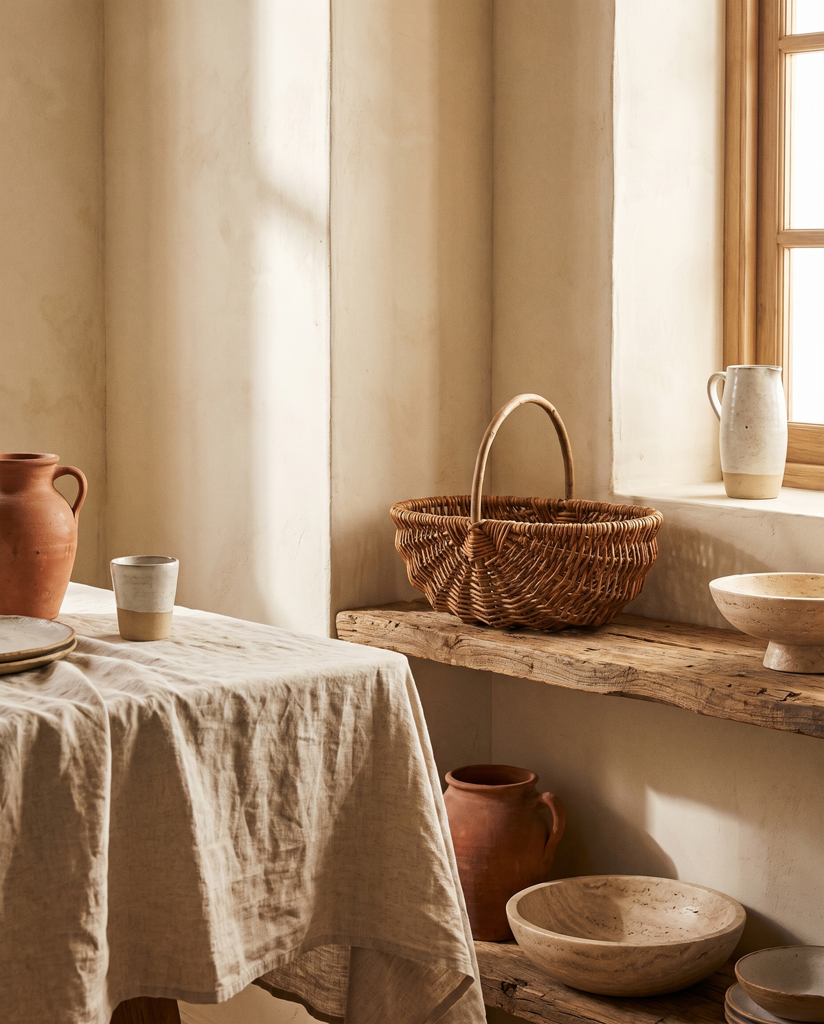 Panier décoratif en rotin et osier en situation dans un intérieur