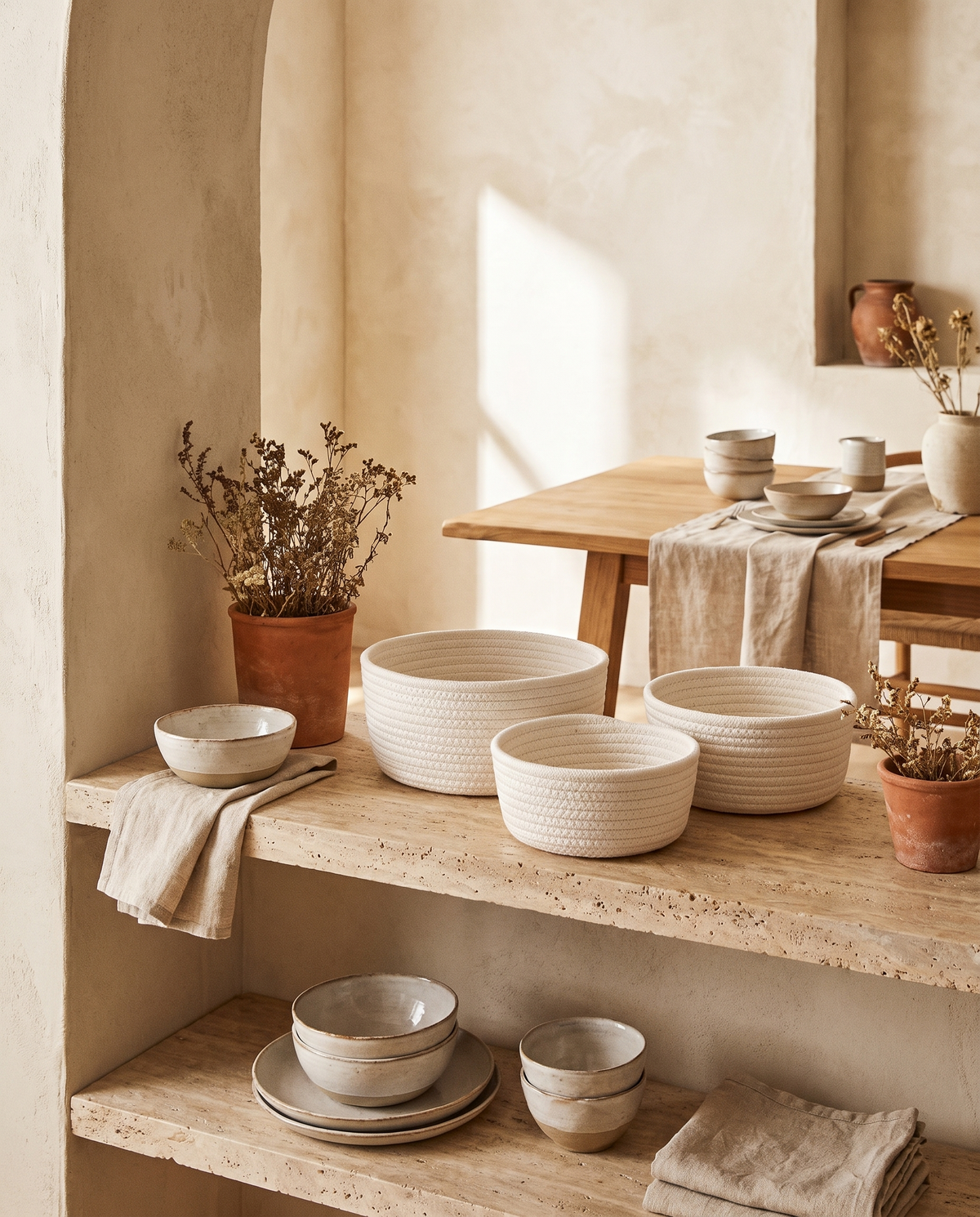 Panier en corde de coton en situation dans un intérieur