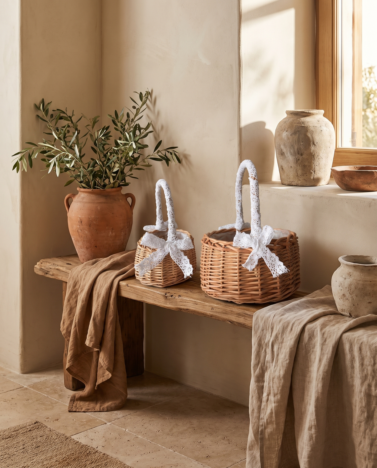 Petit panier à anse en rotin en situation dans un intérieur