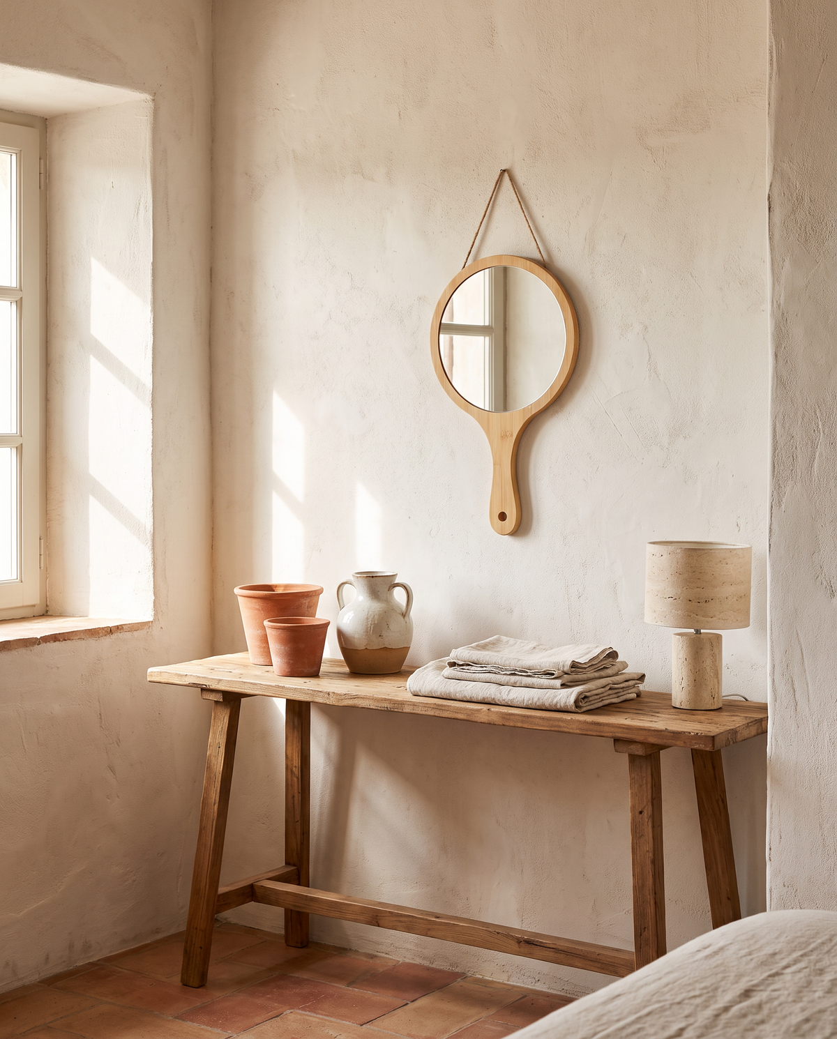 Miroir à main rond en bambou en situation dans un intérieur