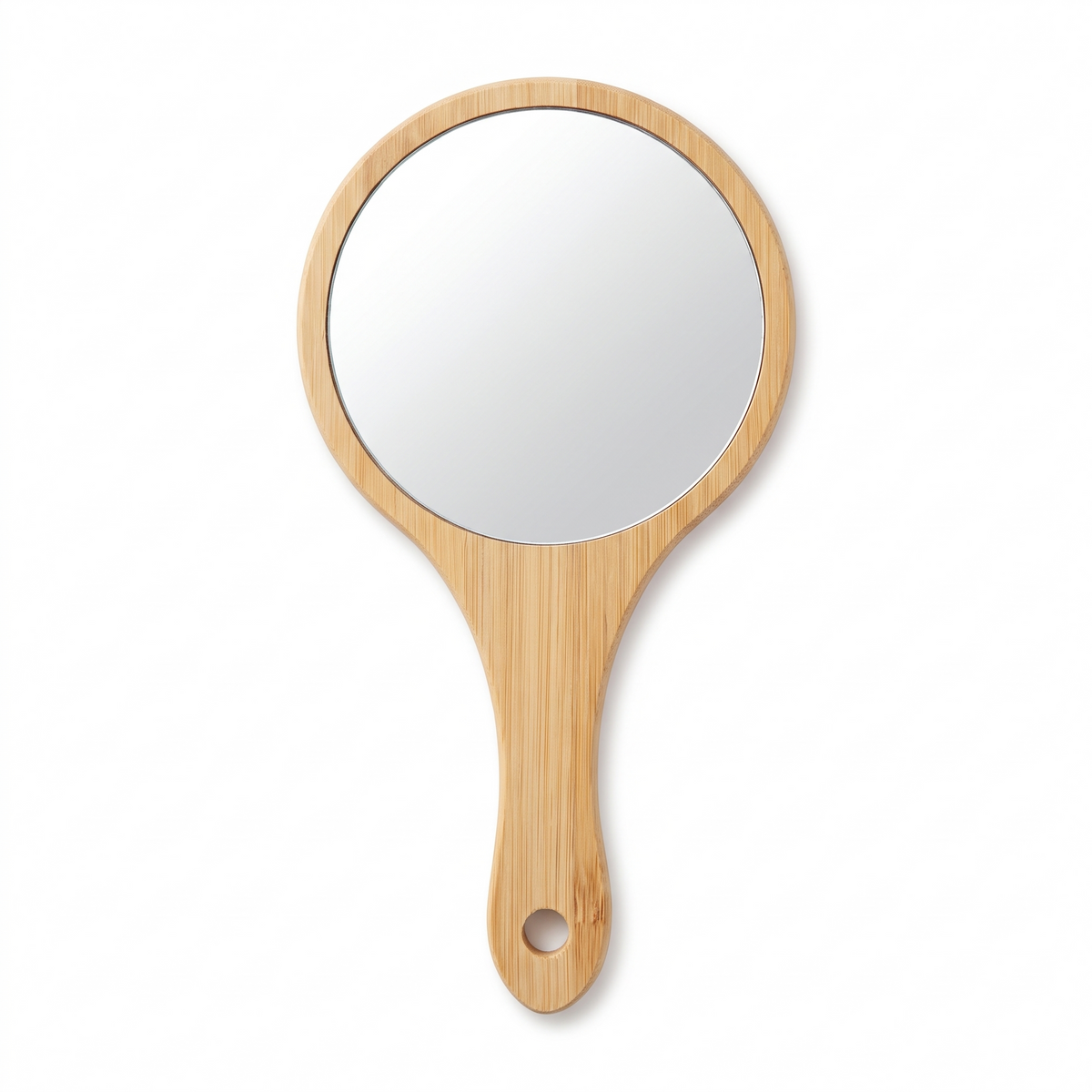 Miroir à main rond en bambou sur fond blanc