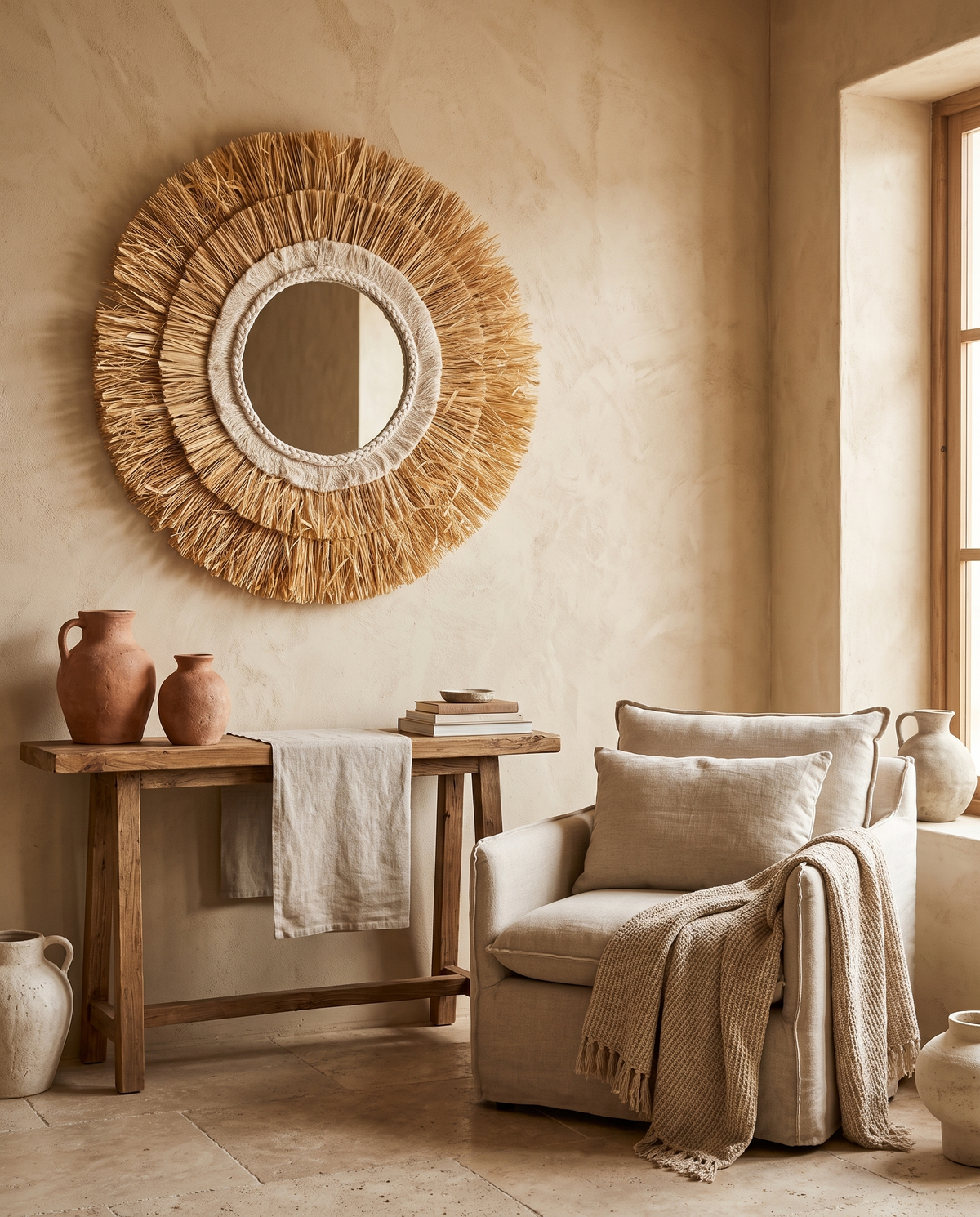 Miroir rond en paille tressée en situation dans un intérieur