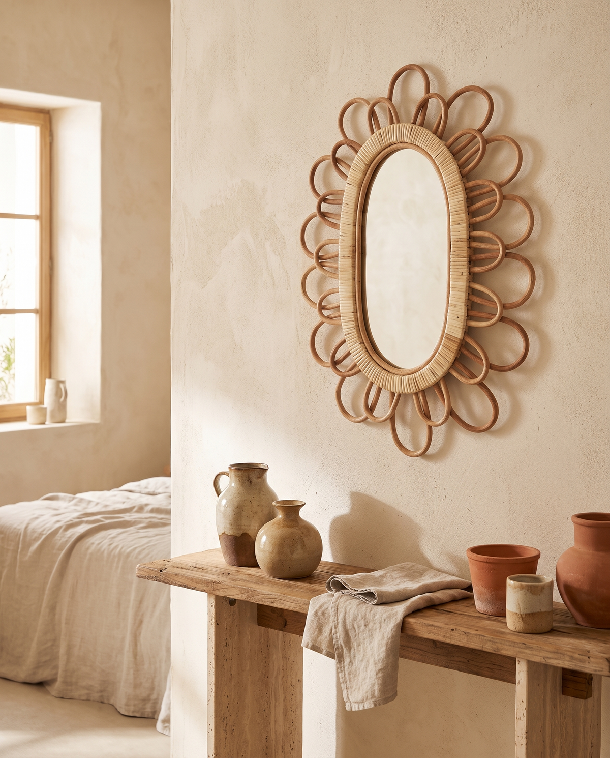 Miroir mural ovale en rotin en situation dans un intérieur