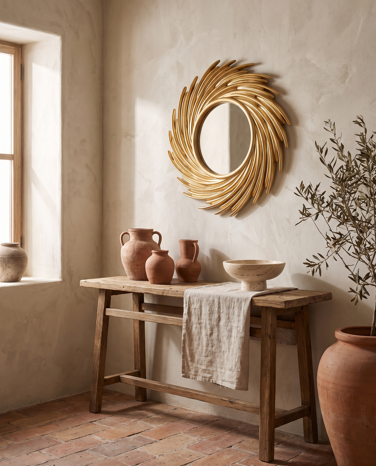 Miroir de maquillage rond en rotin en situation dans un intérieur